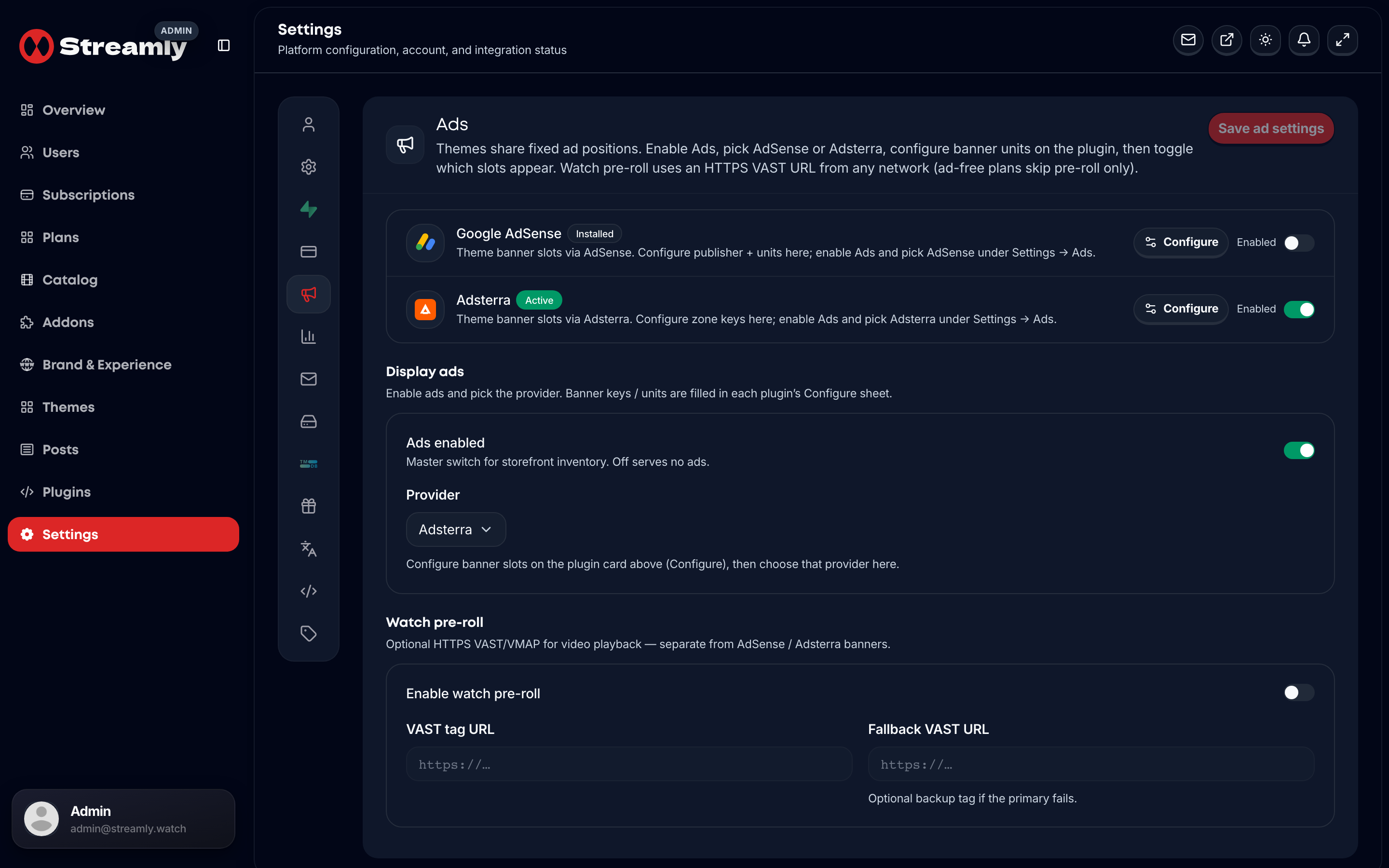Streamly admin Ads settings with provider selection and slot configuration.