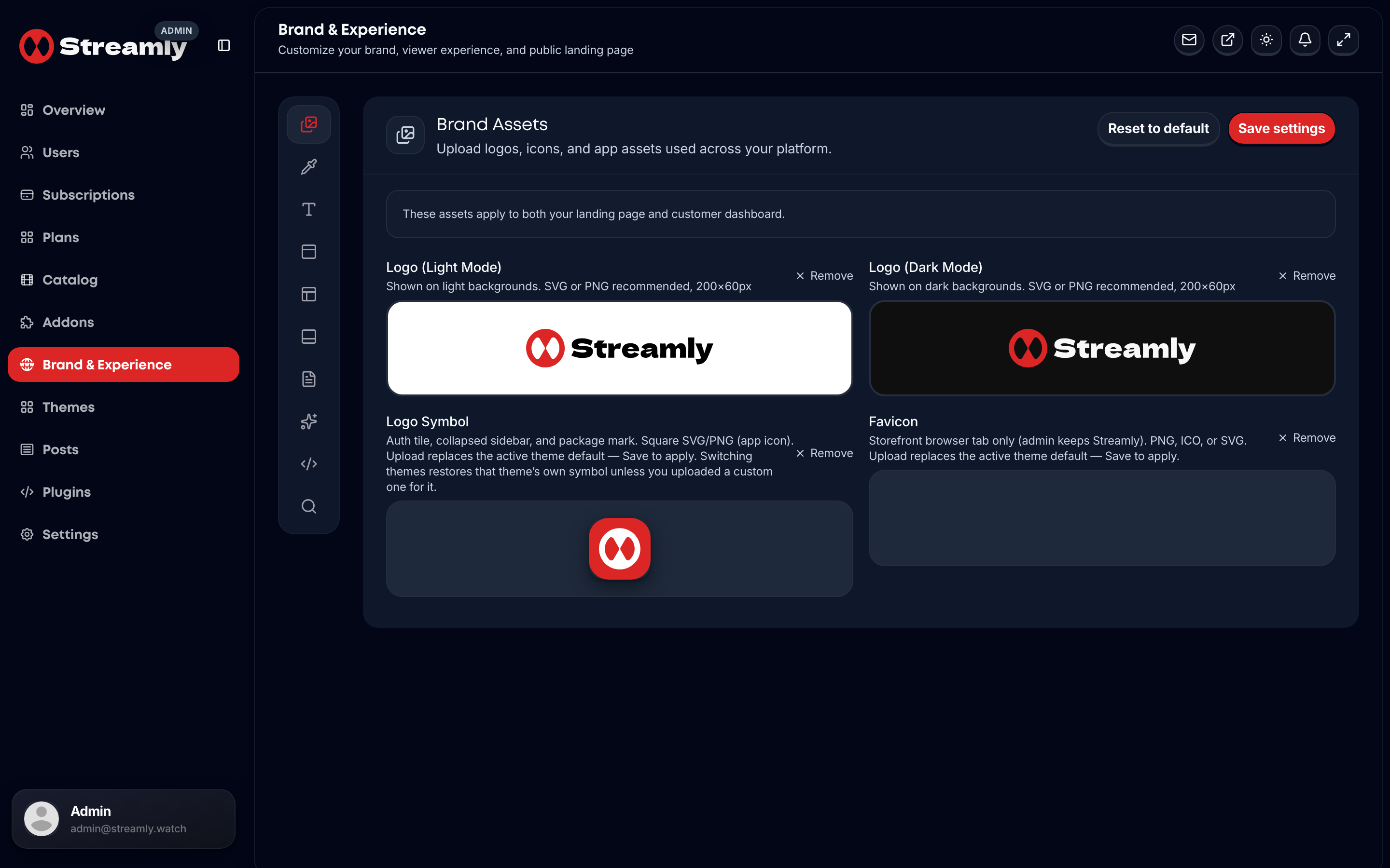 Streamly admin Brand and Experience editor for white-label customization.