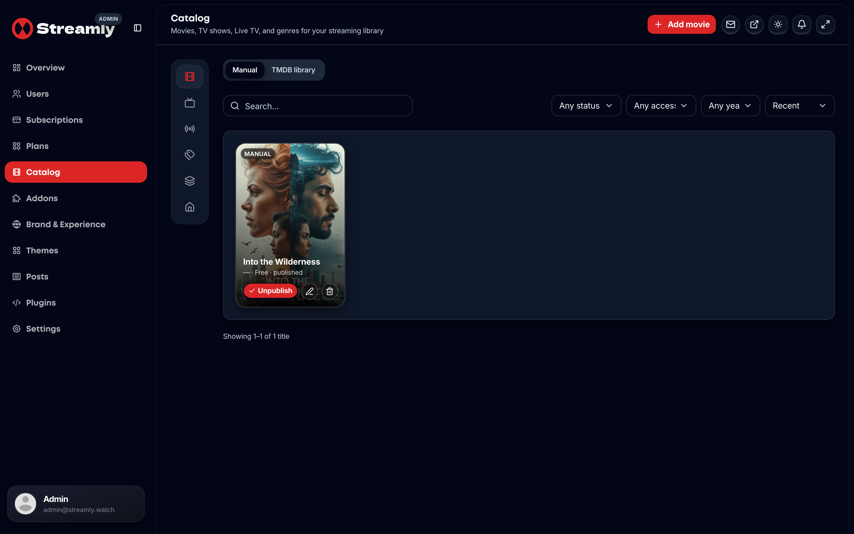 Streamly admin catalog hub for managing the streaming library.
