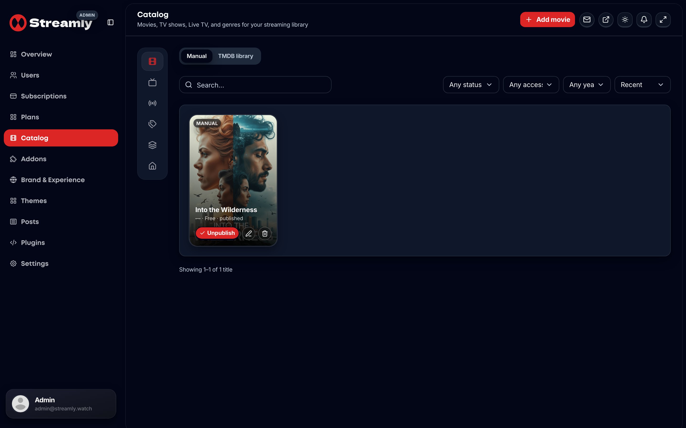 Streamly admin catalog hub for managing the streaming library.