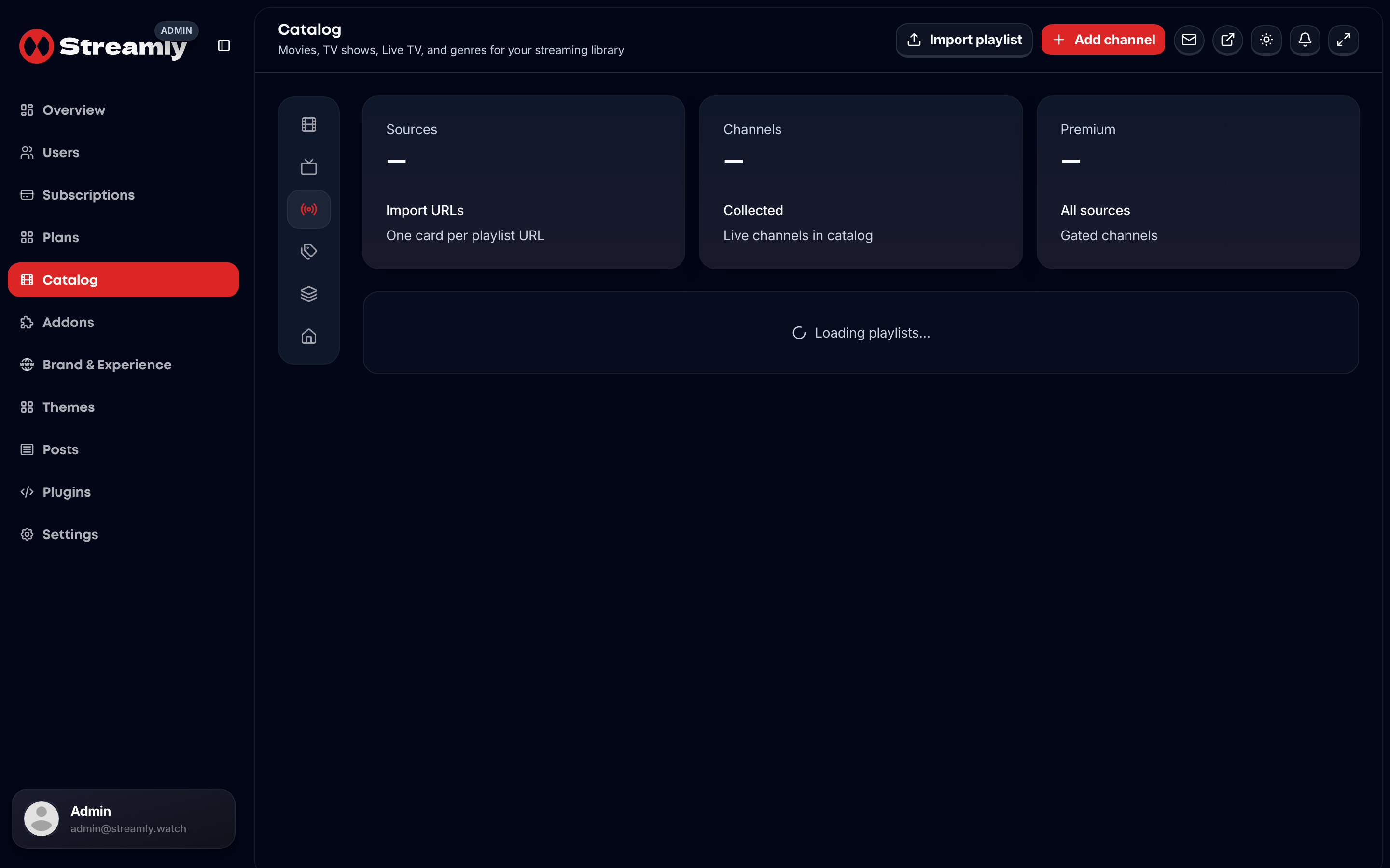 Streamly admin Live TV tab for managing live channels.