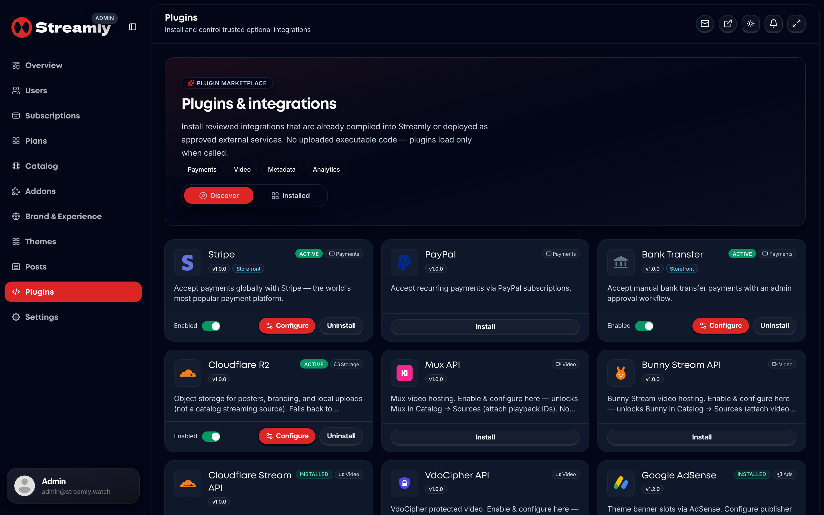 Streamly admin Plugins page listing platform integration packs.
