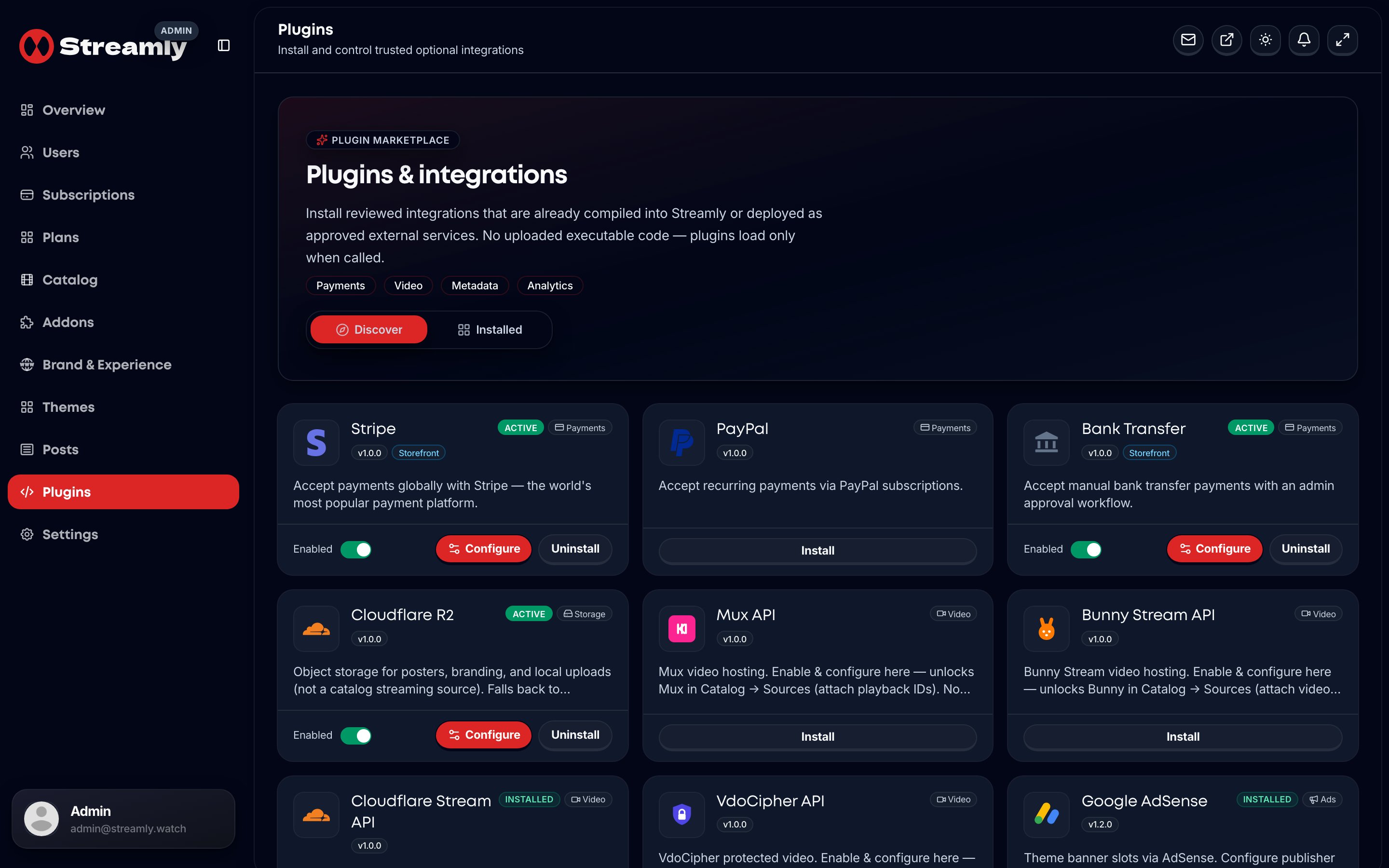 Streamly admin Plugins page listing platform integration packs.