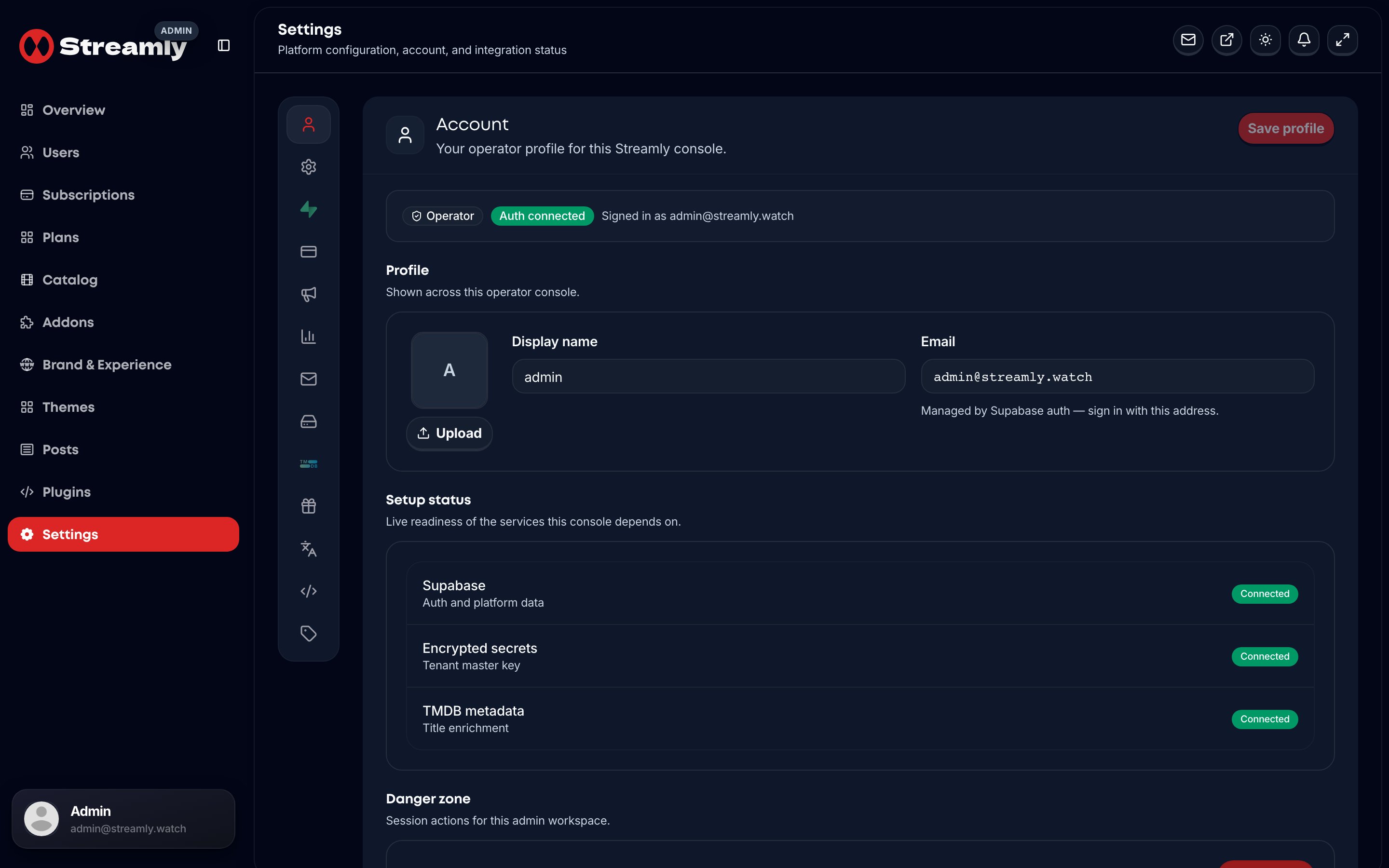 Streamly admin Settings page.
