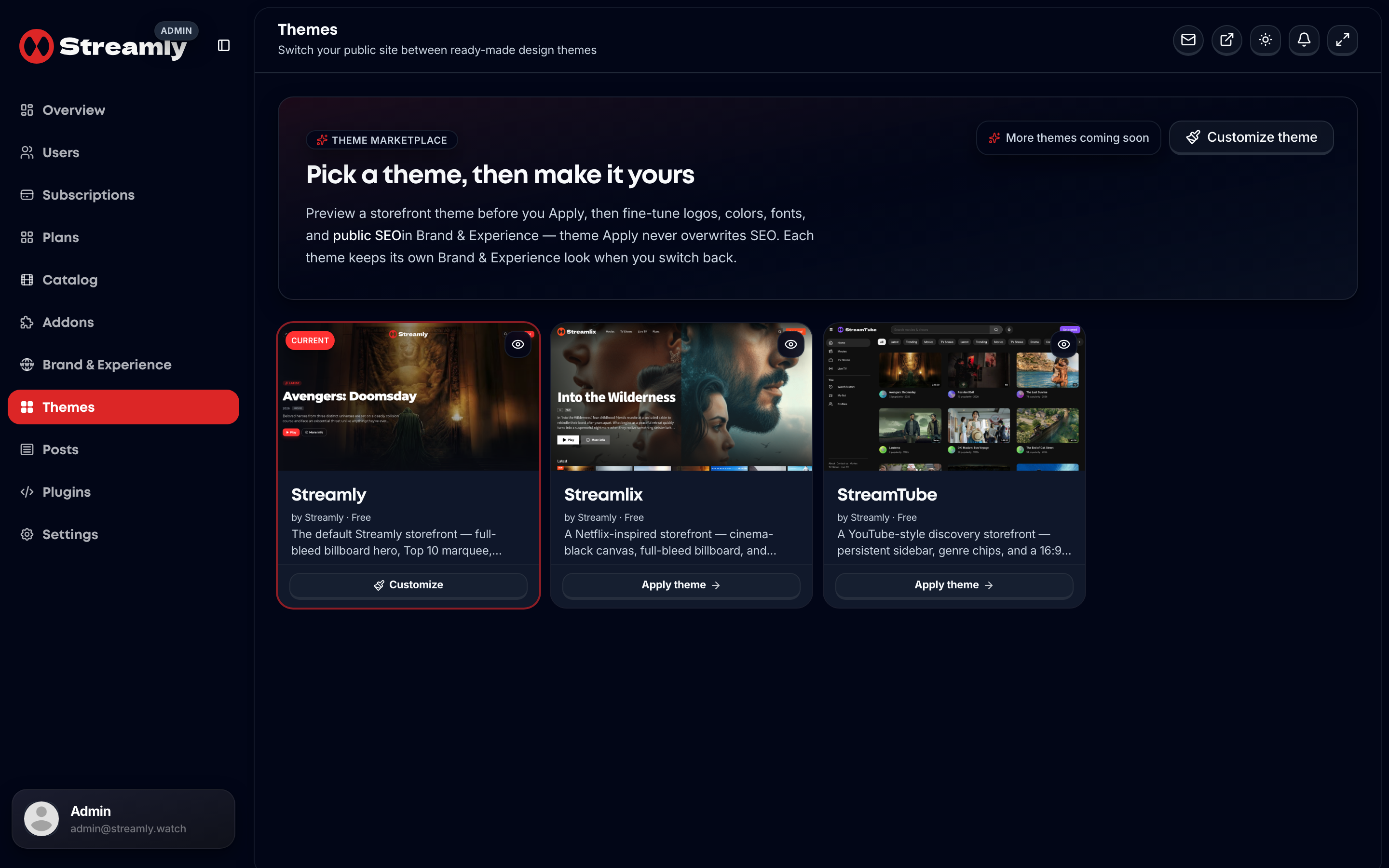 Streamly admin Themes gallery with Streamly, Streamlix, and StreamTube packages.