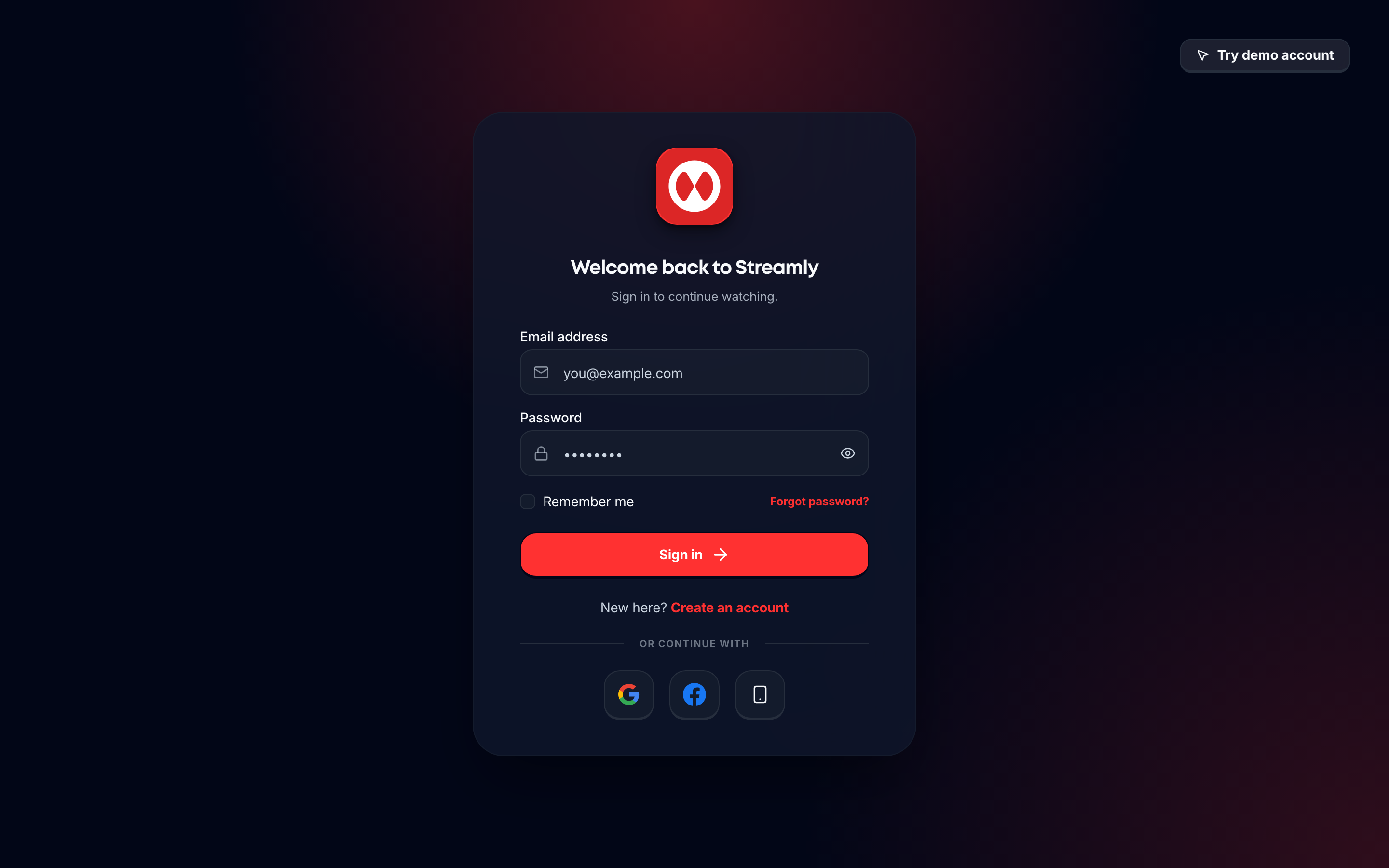 Streamly viewer login page with email and password fields.