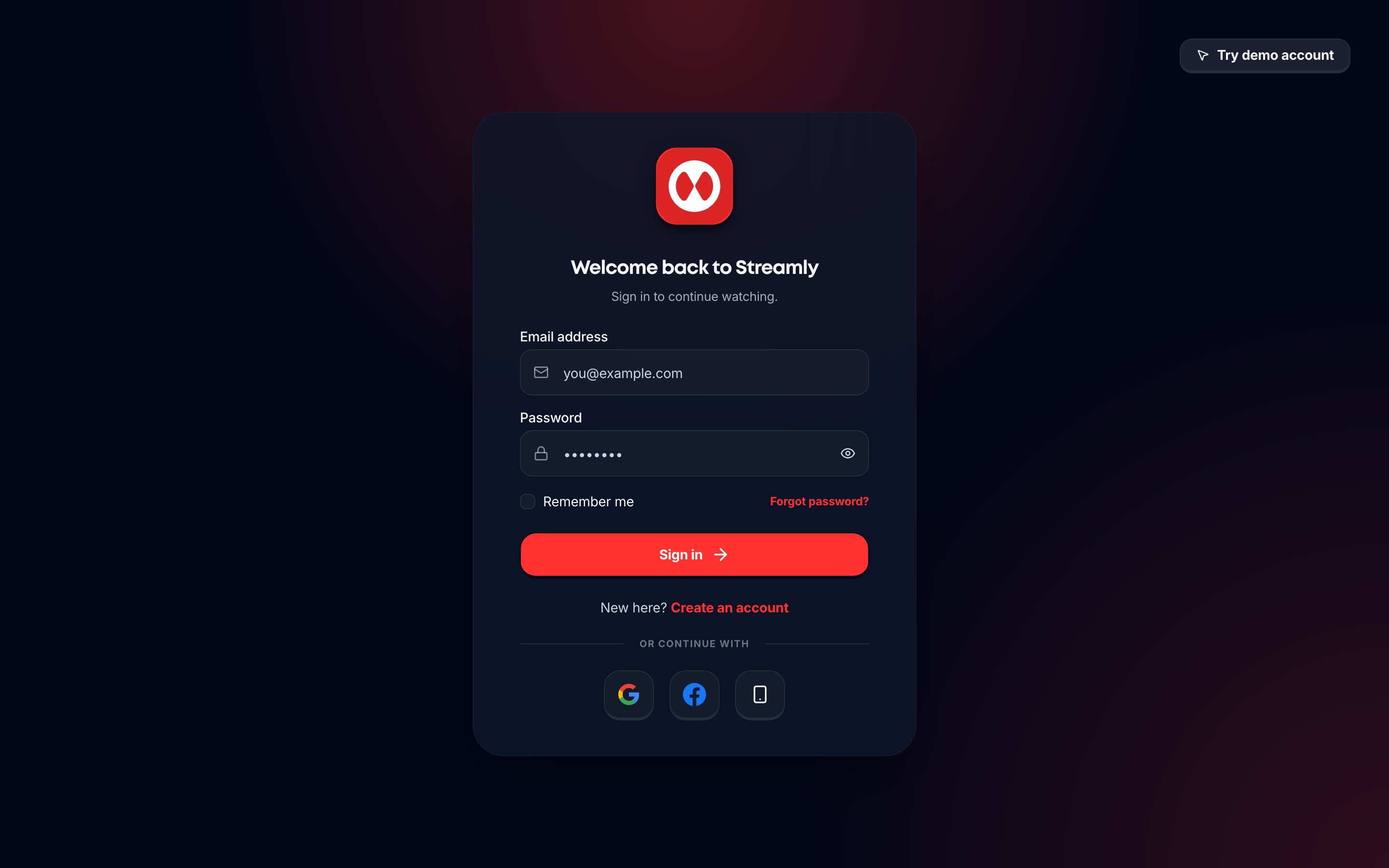 Streamly viewer login page with email and password fields.