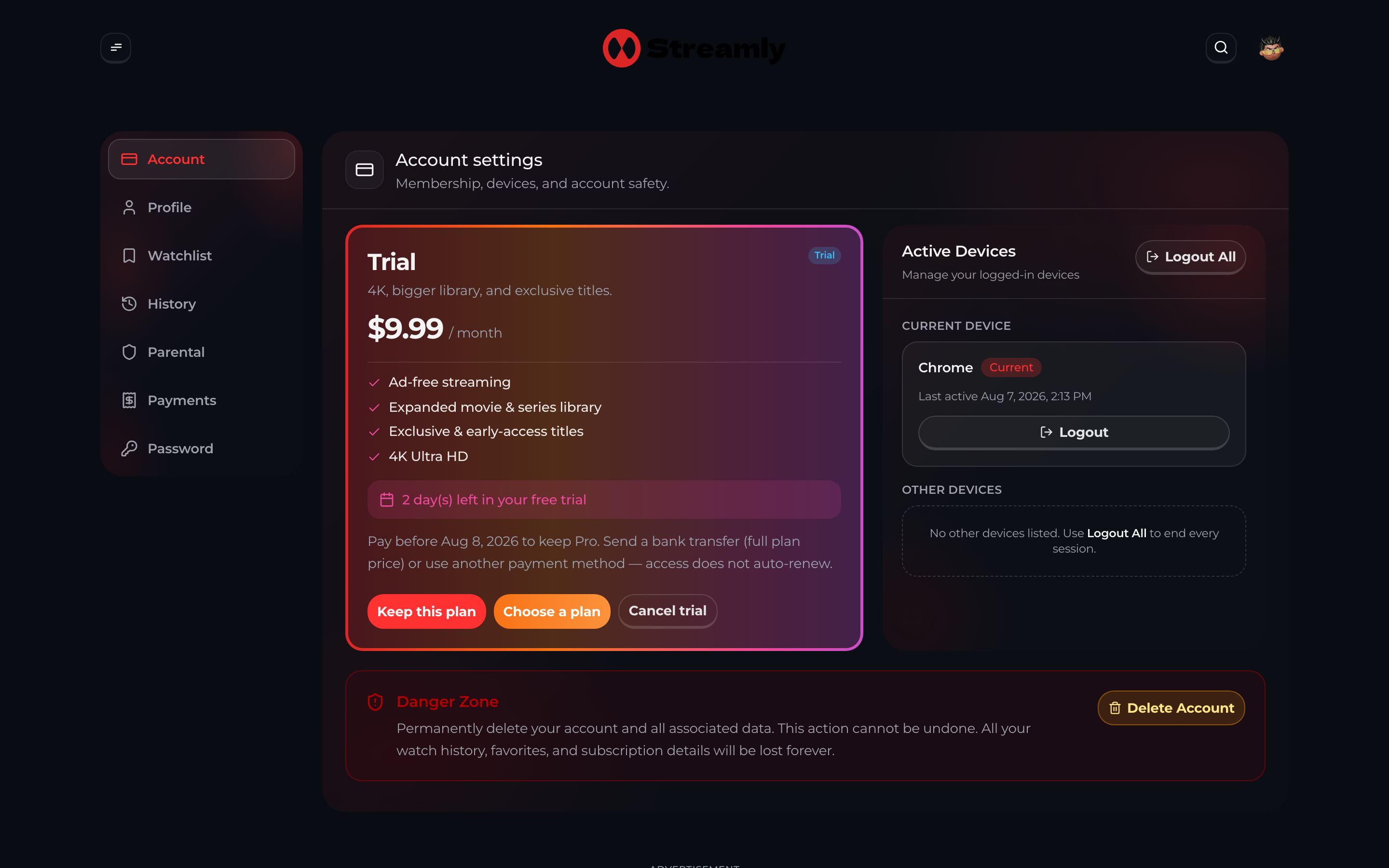Streamly viewer Account settings at /account with Trial plan and active devices.