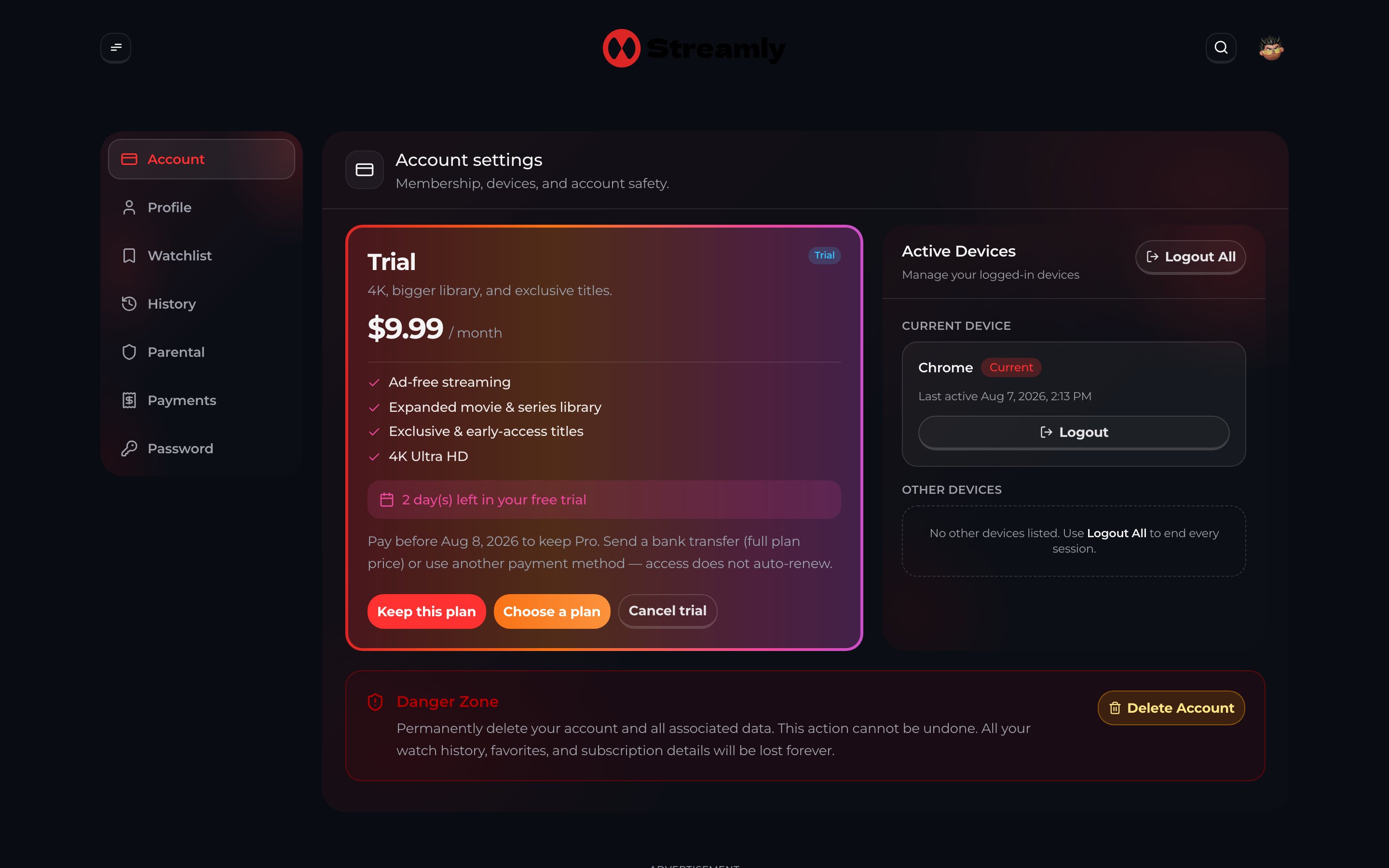 Streamly viewer Account settings at /account with Trial plan and active devices.
