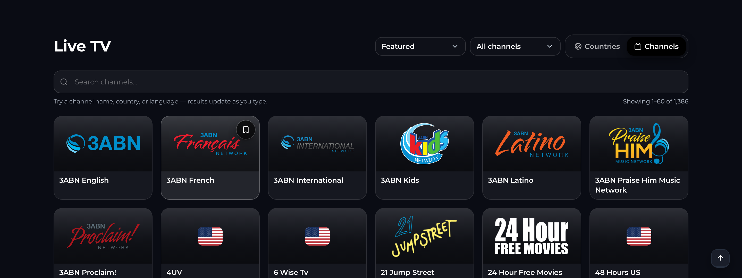 Streamly viewer Live TV page filtered to a country channel grid.