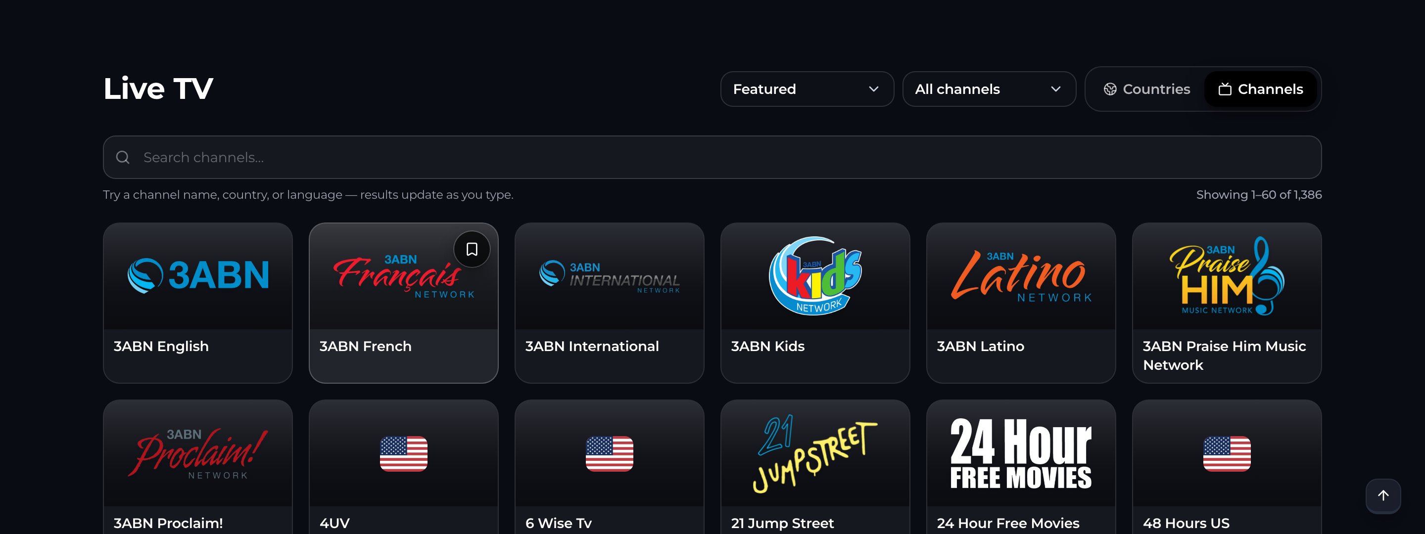 Streamly viewer Live TV page filtered to a country channel grid.