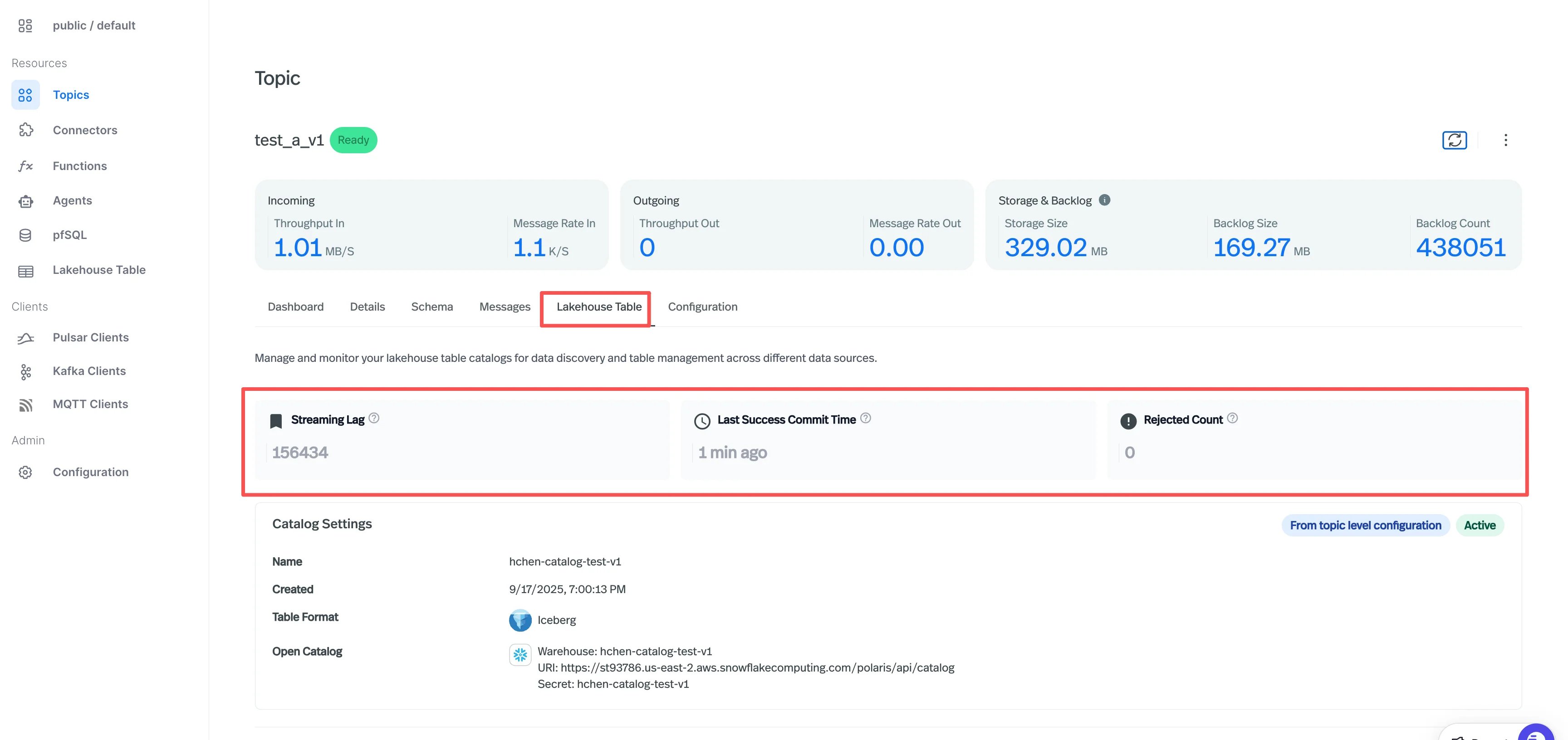 Lakehouse Table tab on a topic, showing Streaming Lag, Last Success Commit Time, and Rejected Count