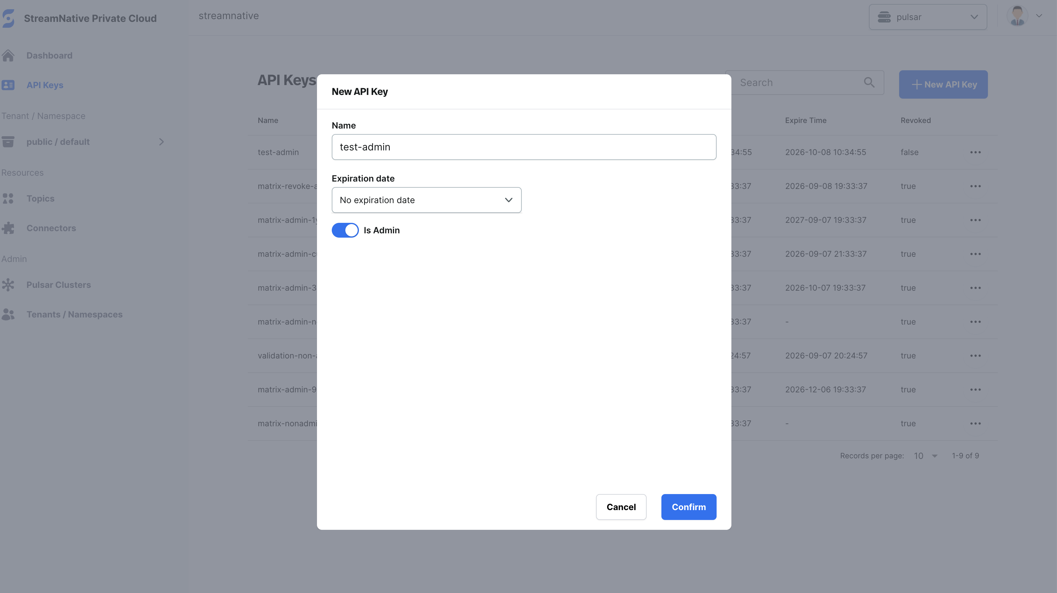 New API Key dialog configured to create an administrator API key