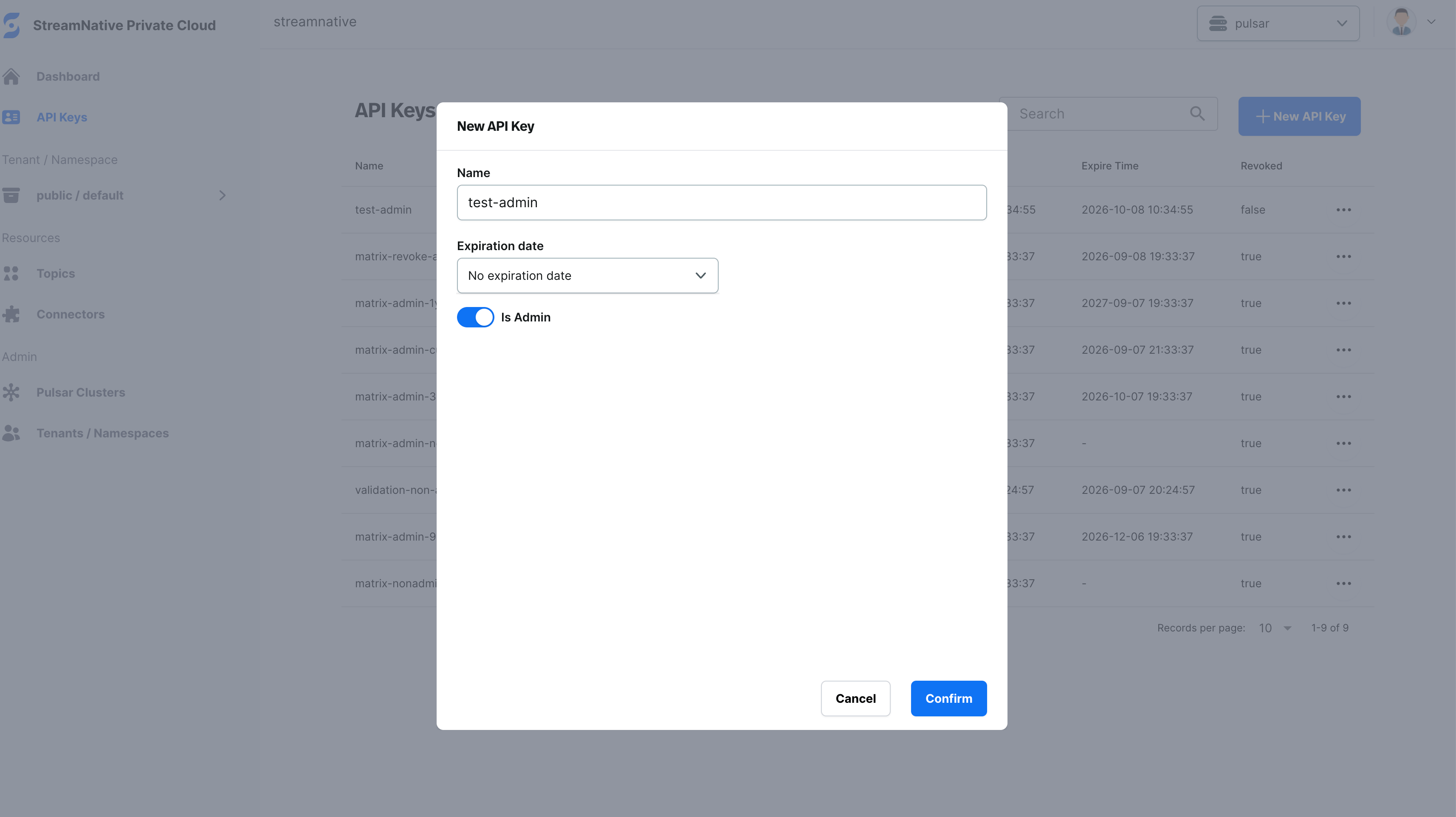 New API Key dialog configured to create an administrator API key