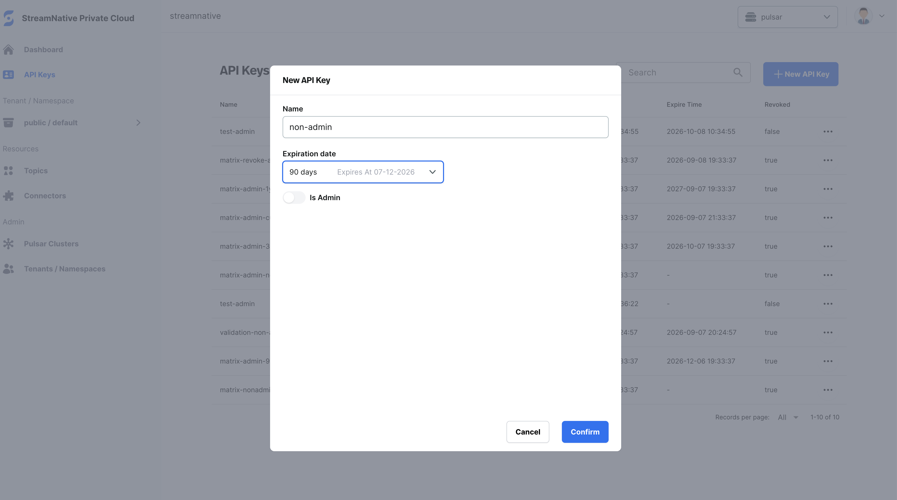 New API Key dialog configured to create a non-administrator API key with a 90-day expiration