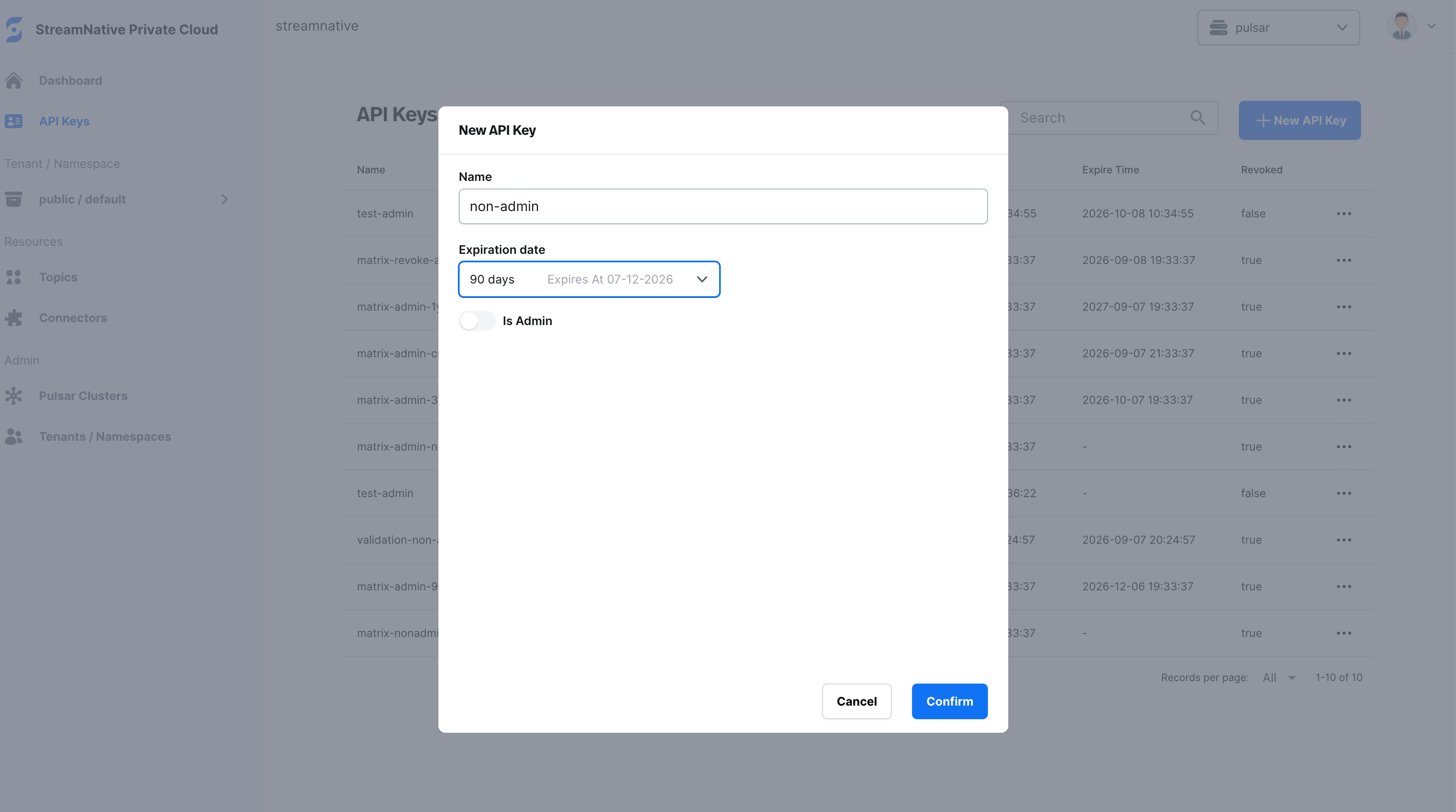 New API Key dialog configured to create a non-administrator API key with a 90-day expiration