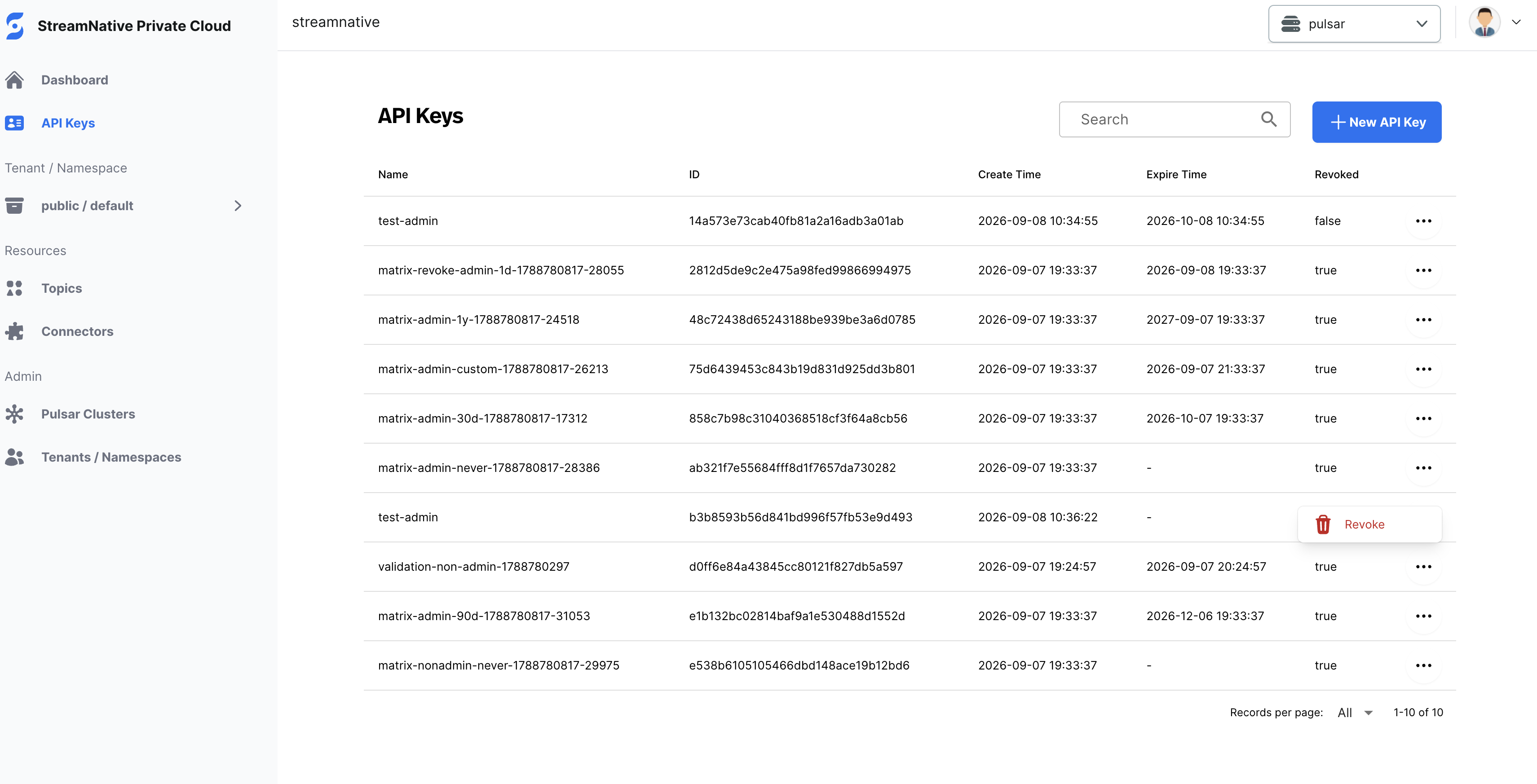 API Keys page with the Revoke action selected for an API key