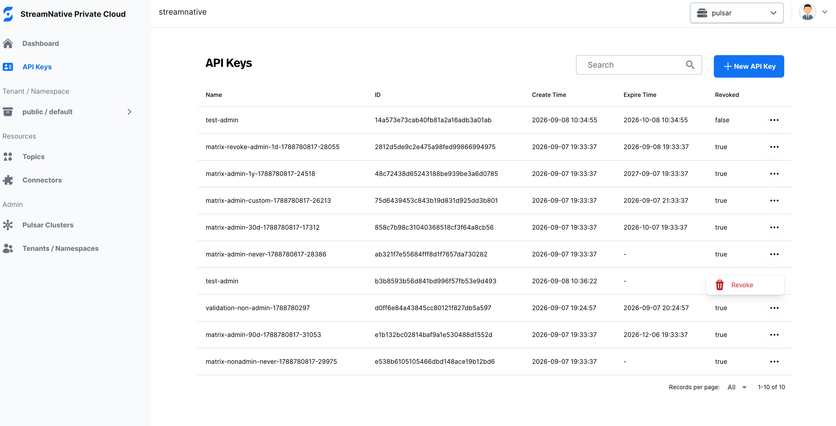 API Keys page with the Revoke action selected for an API key