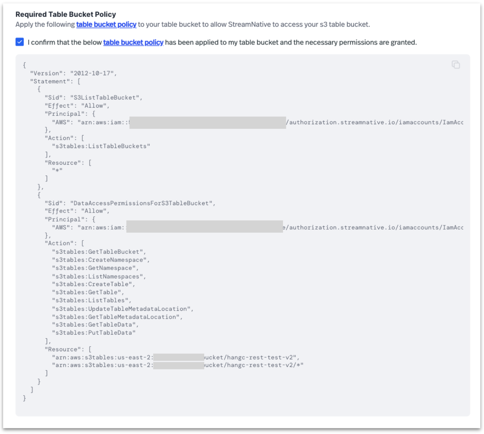 Table bucket policy