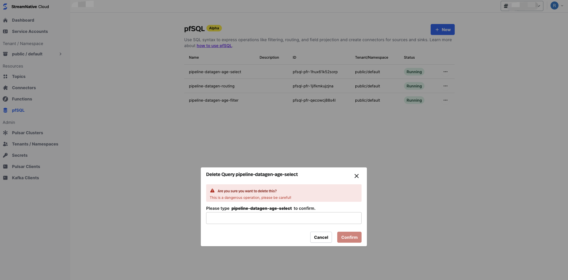 screenshot of delete a query