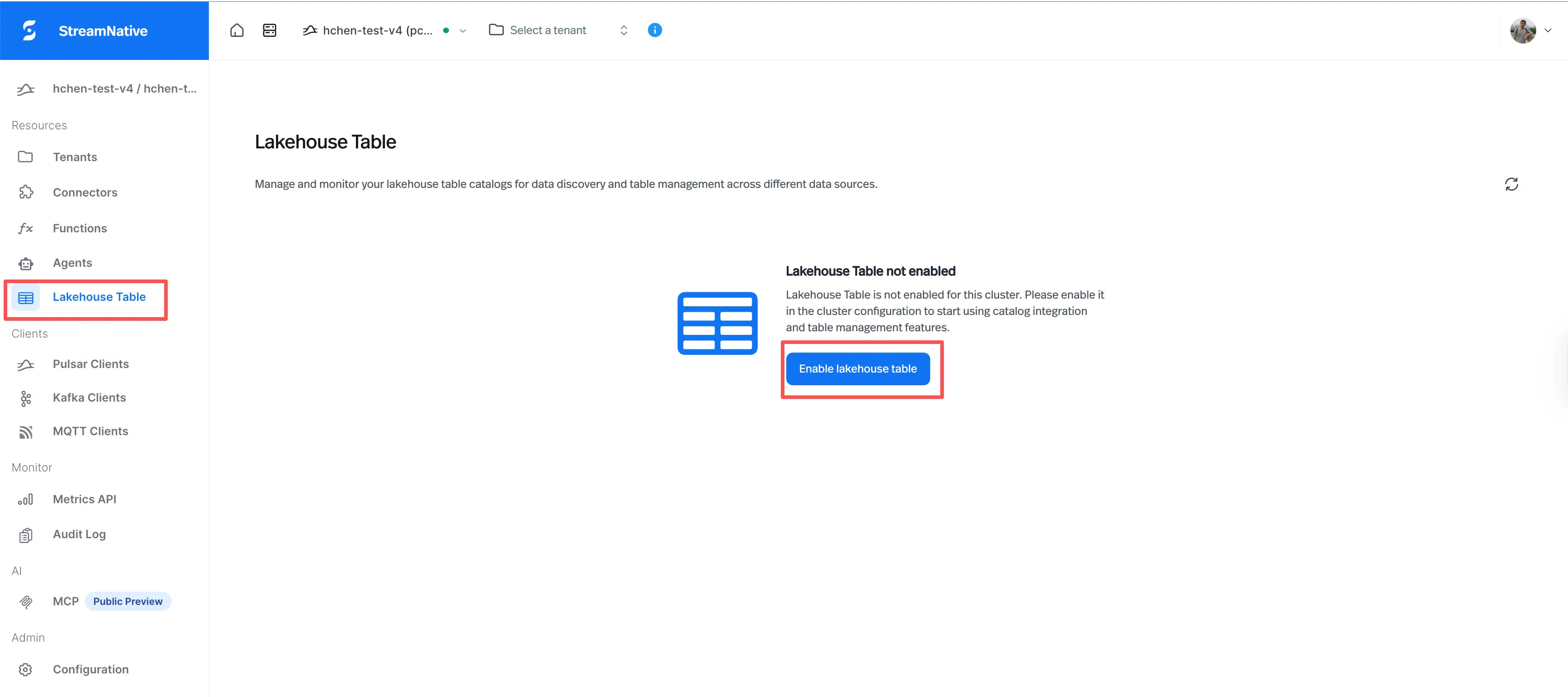 Enable Lakehouse Table button on the cluster page