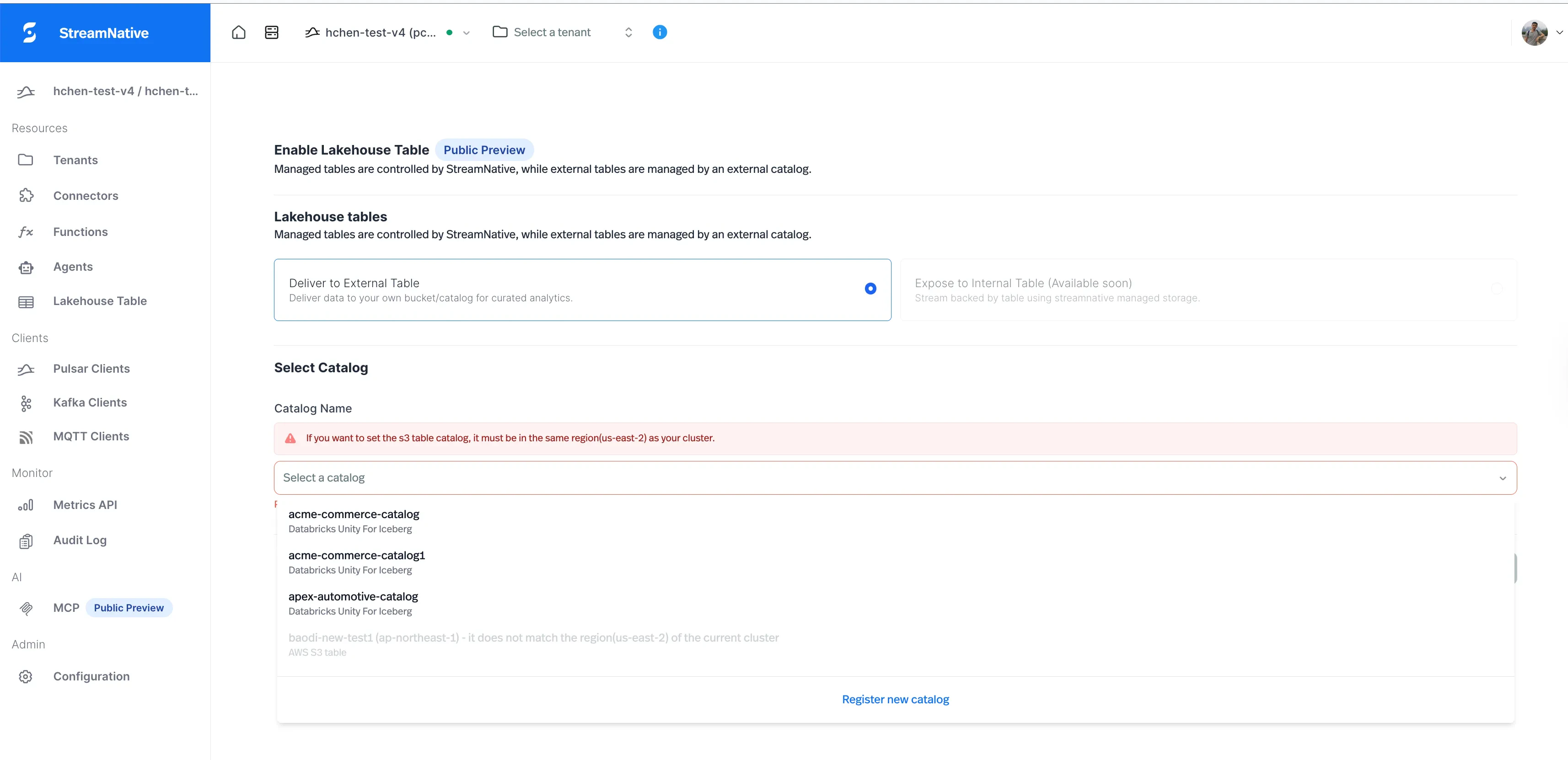 Enable Lakehouse Table dialog with catalog dropdown
