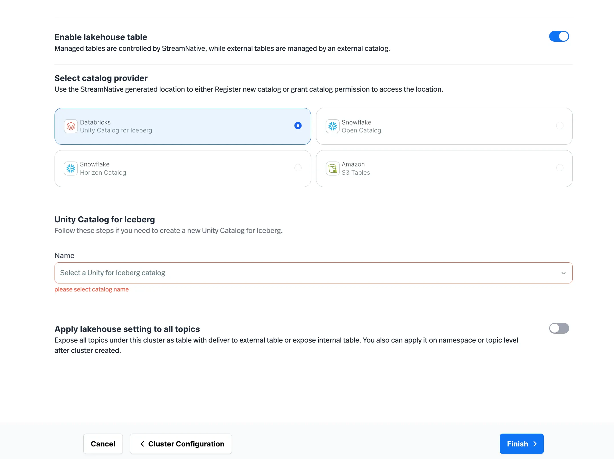 Lakehouse Table step in the cluster creation wizard