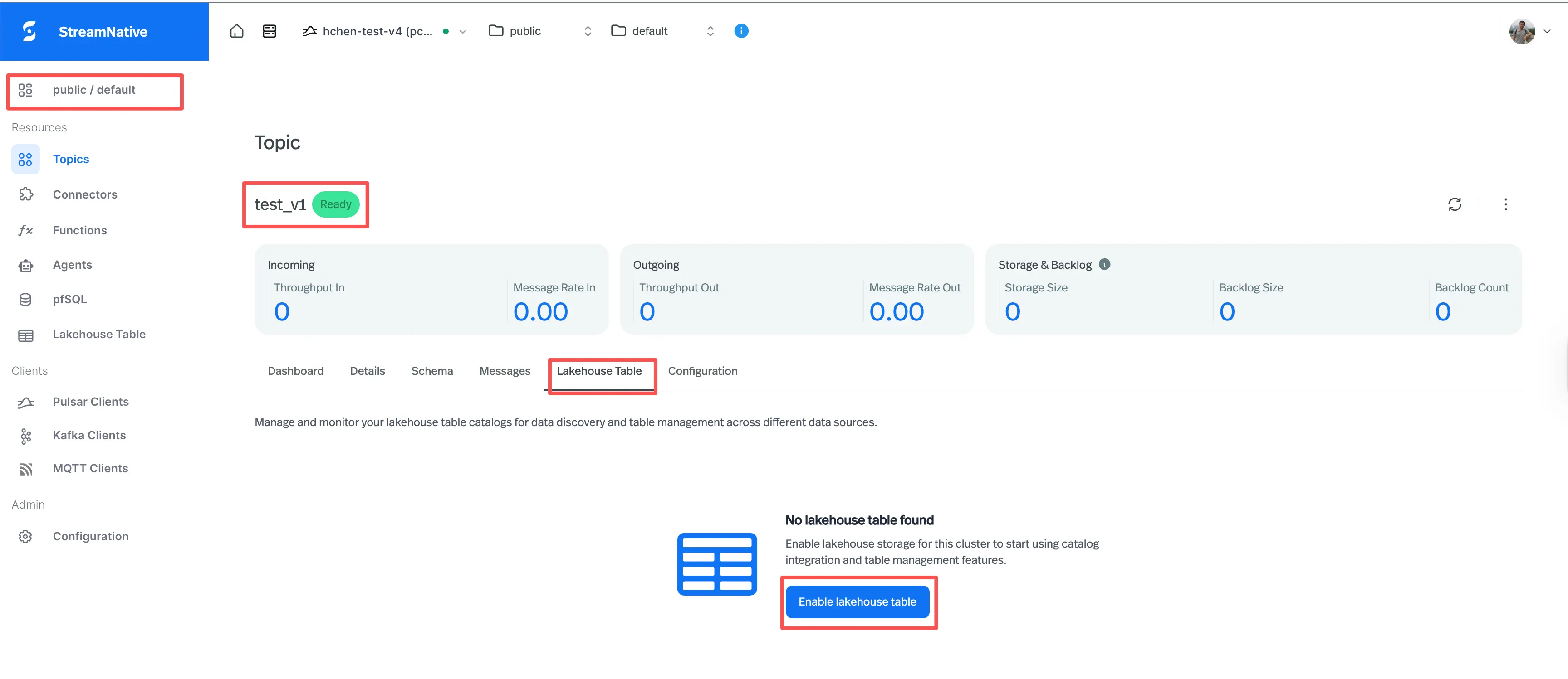Enable Lakehouse Table at the topic level