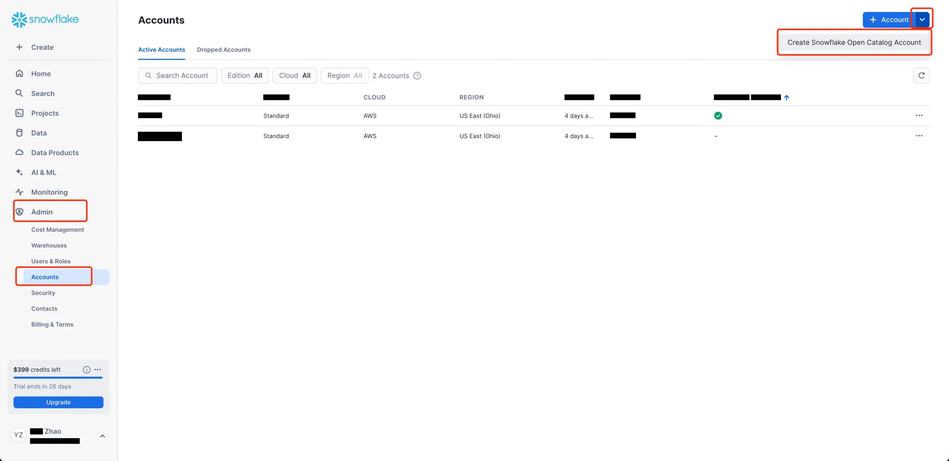 Create Open Catalog account