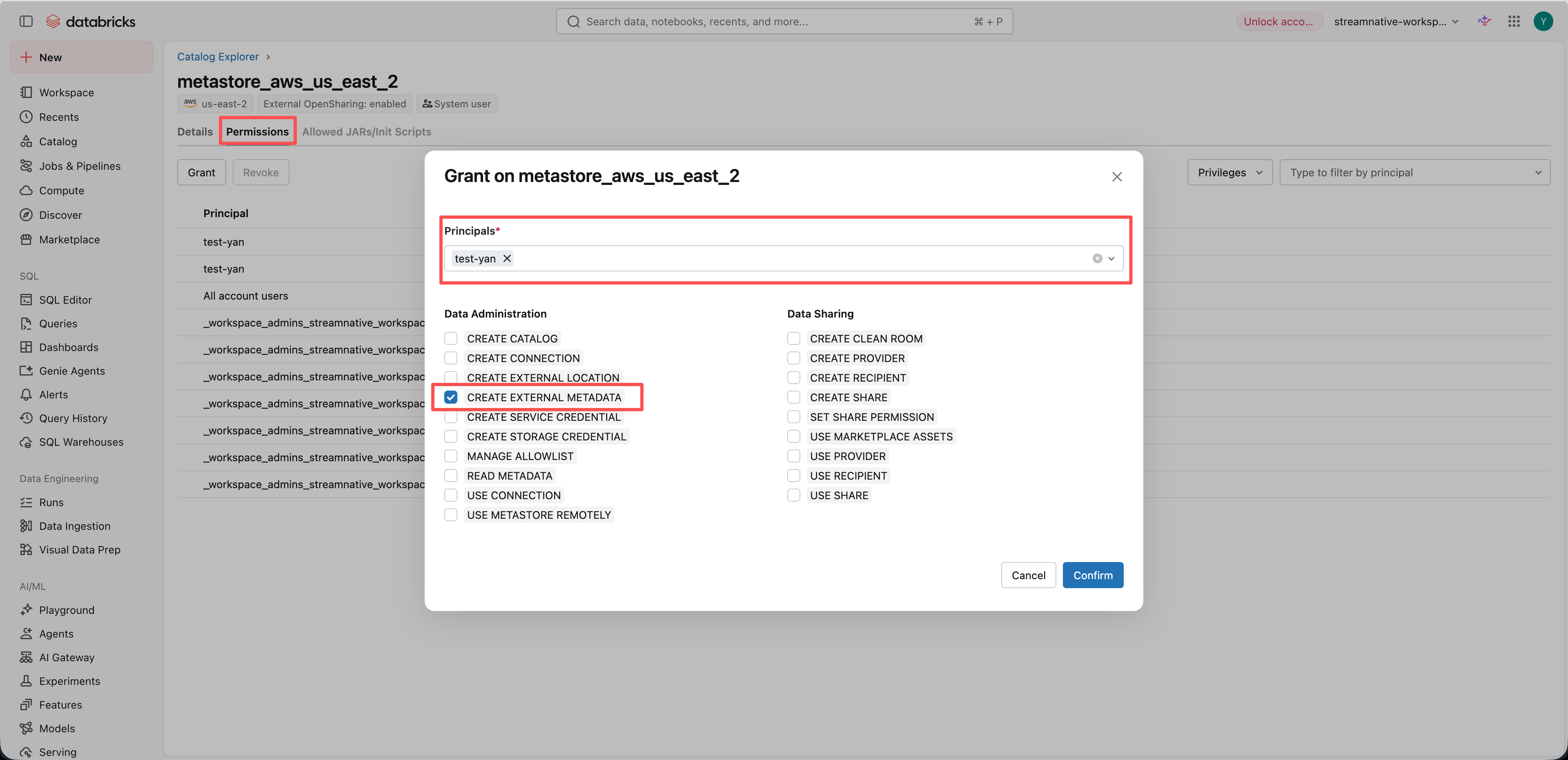 Select the catalog connection's service principal and grant CREATE EXTERNAL METADATA