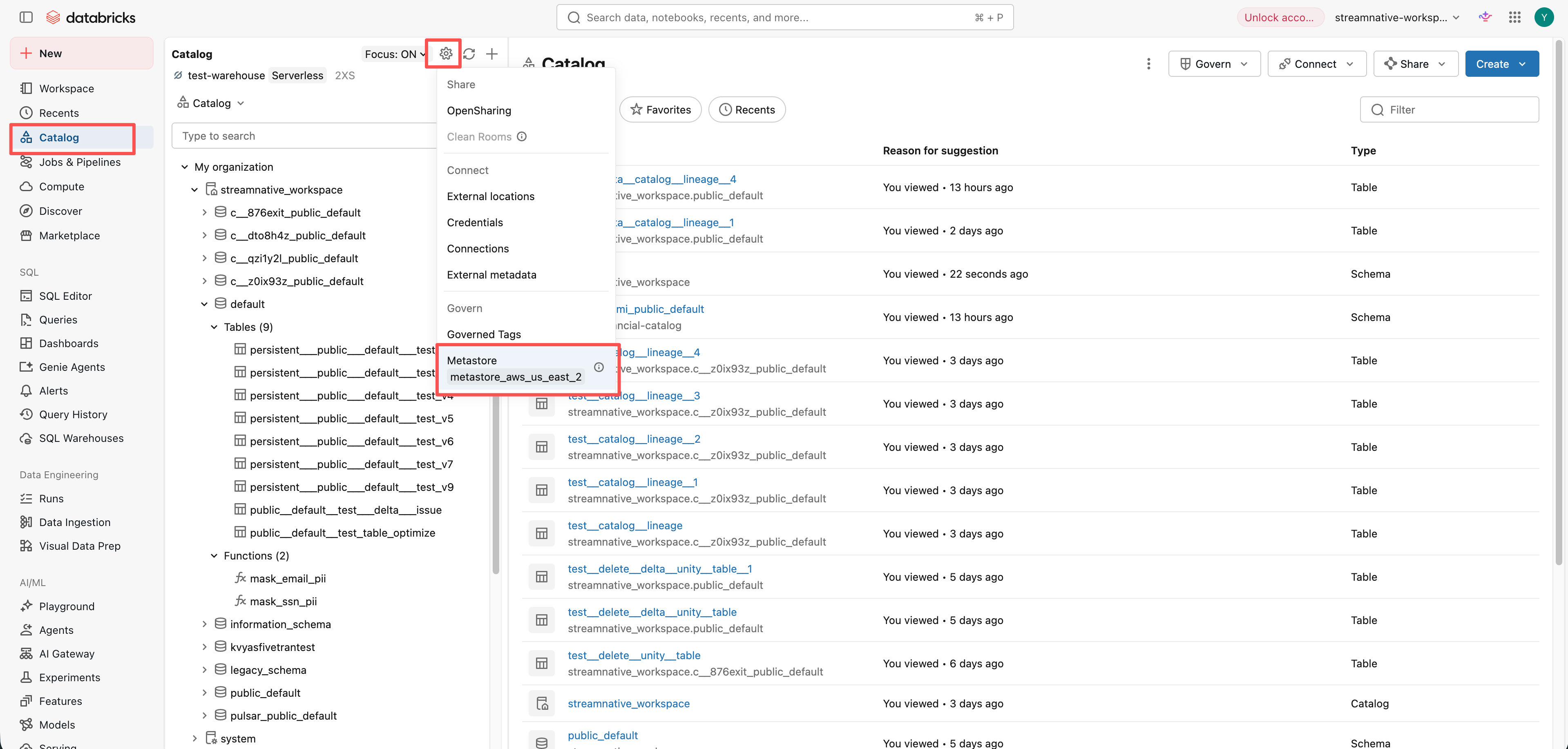 Open the metastore from the Catalog settings menu