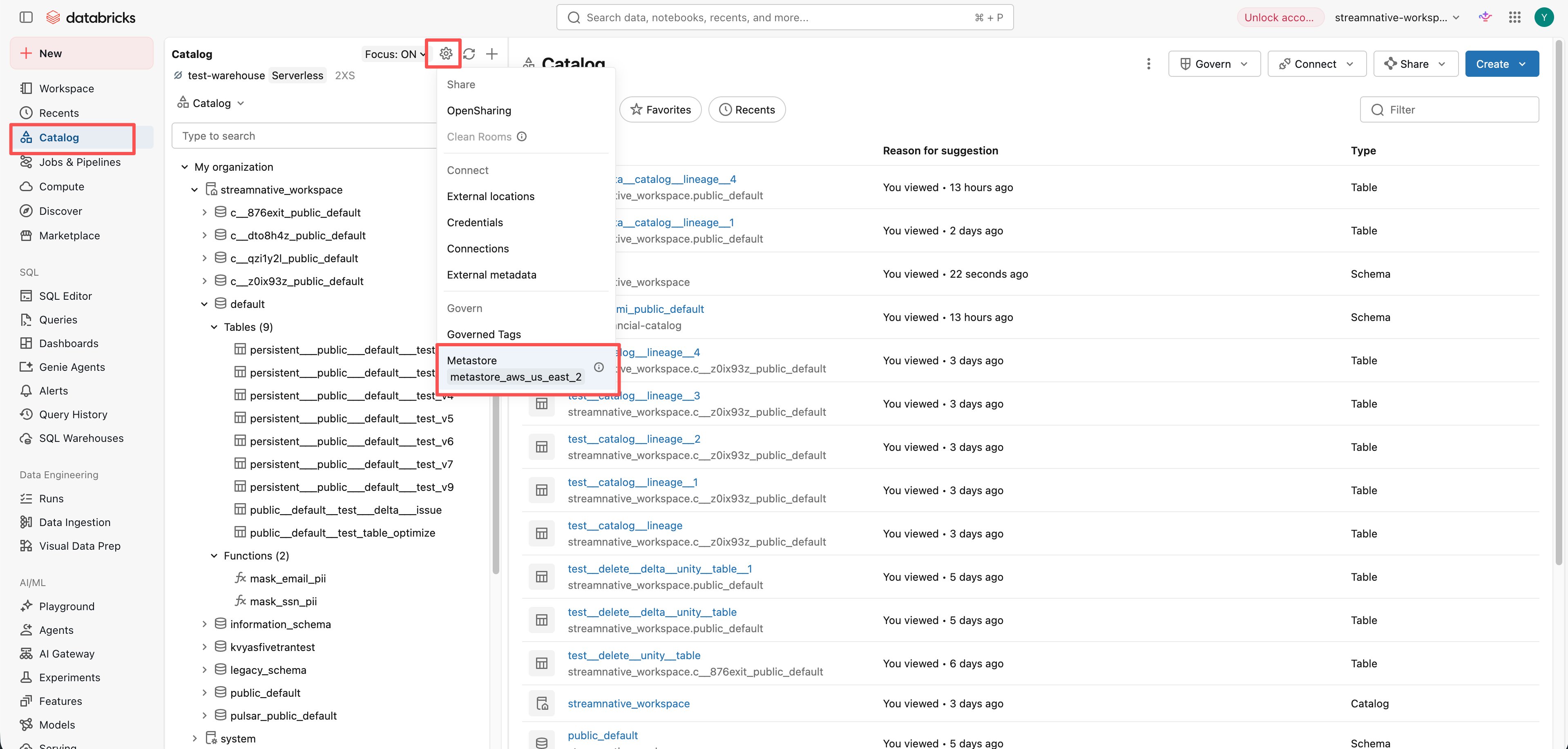 Open the metastore from the Catalog settings menu