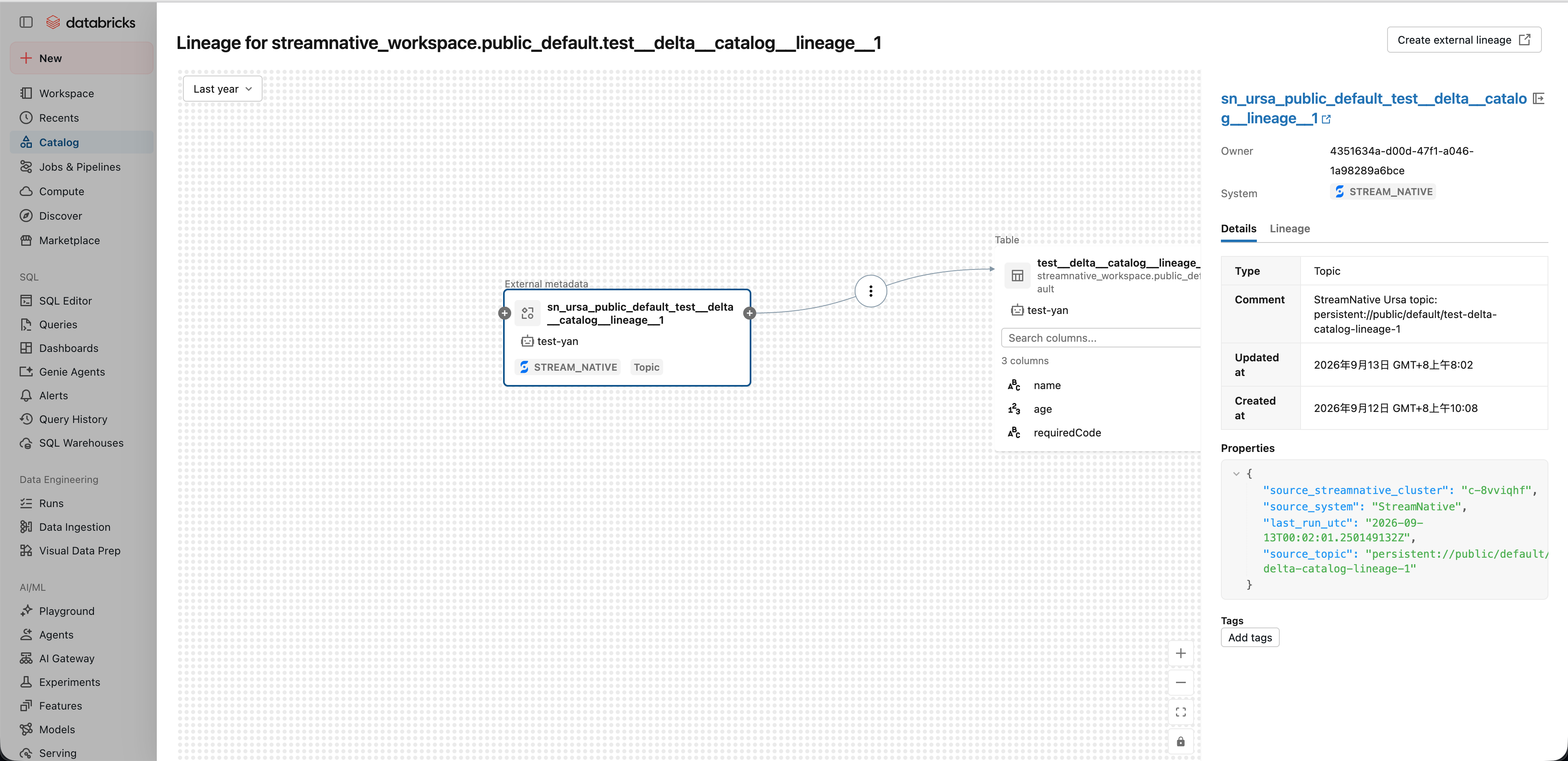 View the StreamNative topic-to-table lineage graph and source topic details