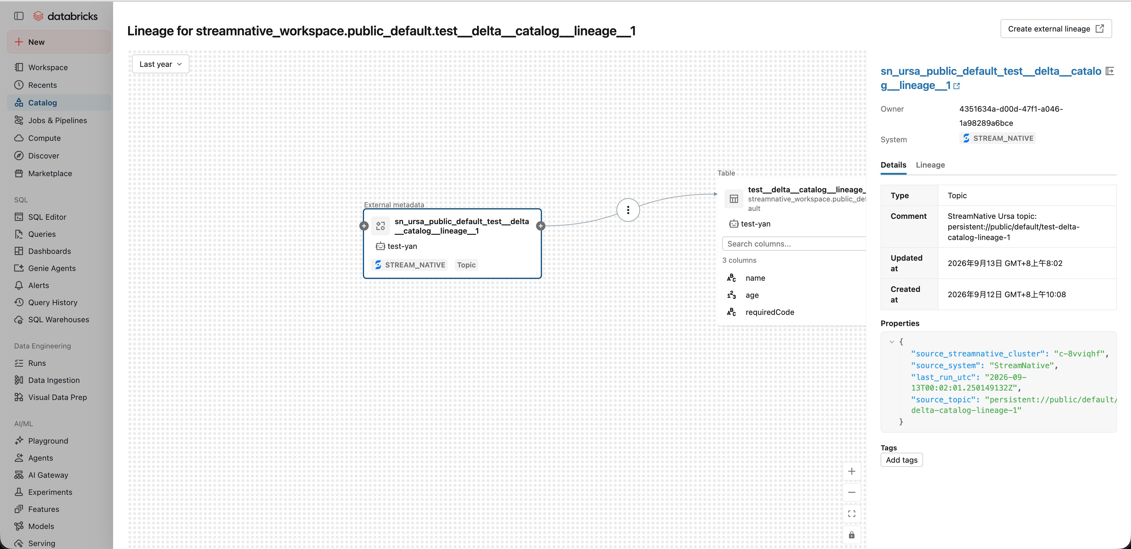 View the StreamNative topic-to-table lineage graph and source topic details