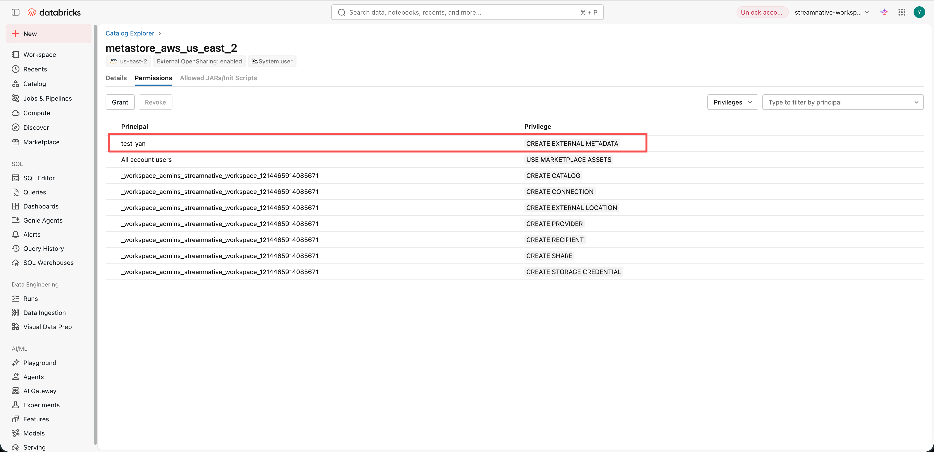 Verify the CREATE EXTERNAL METADATA grant in the metastore permissions list