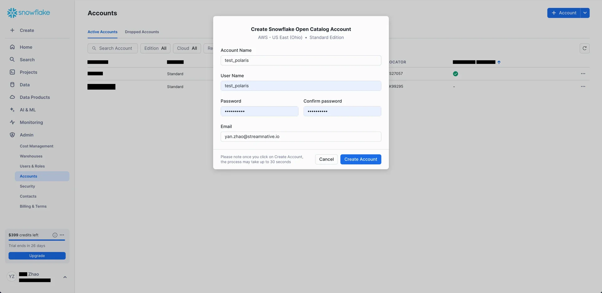 Account credentials