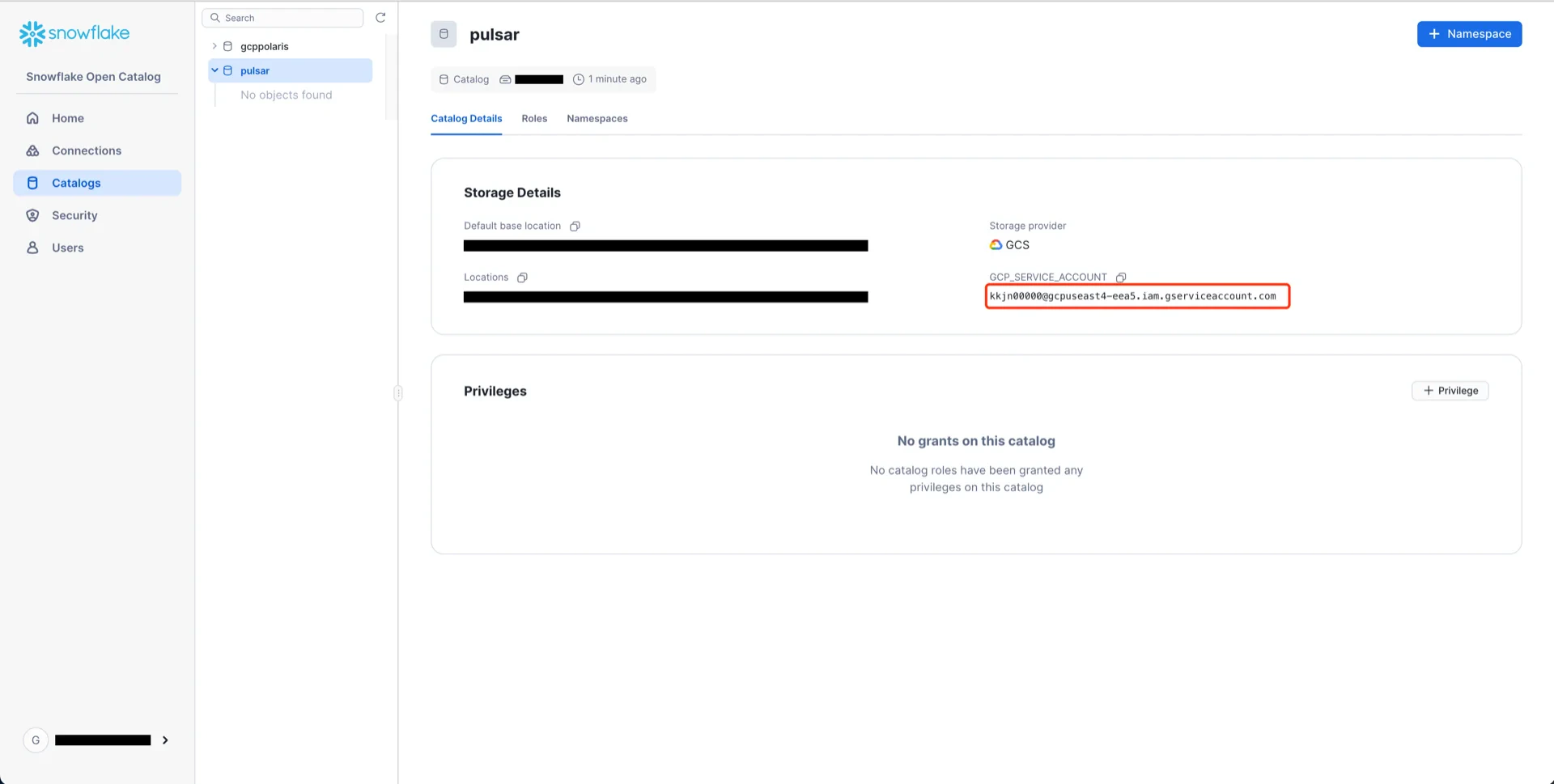 Catalog GCP service account