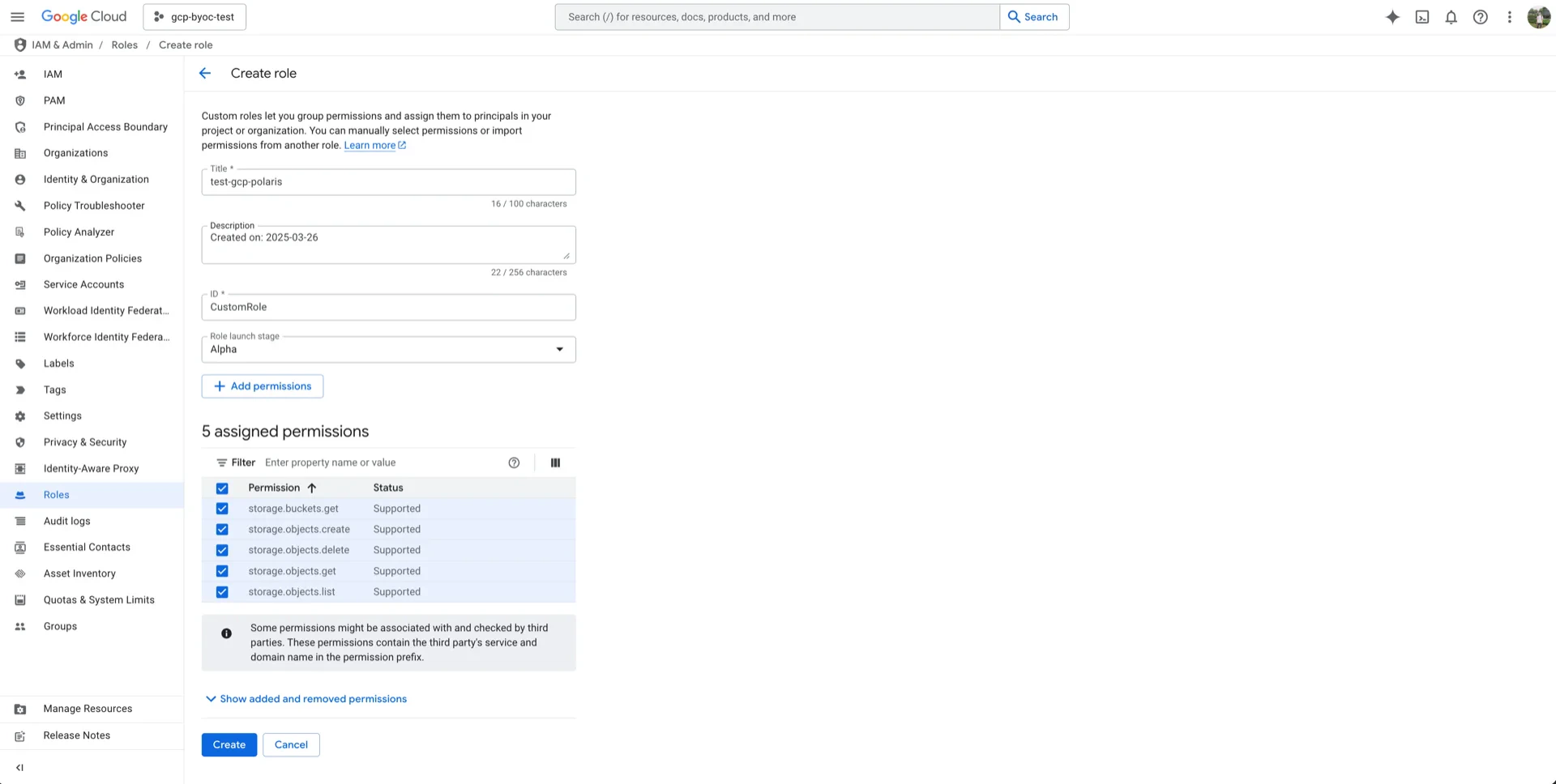 Permissions selected