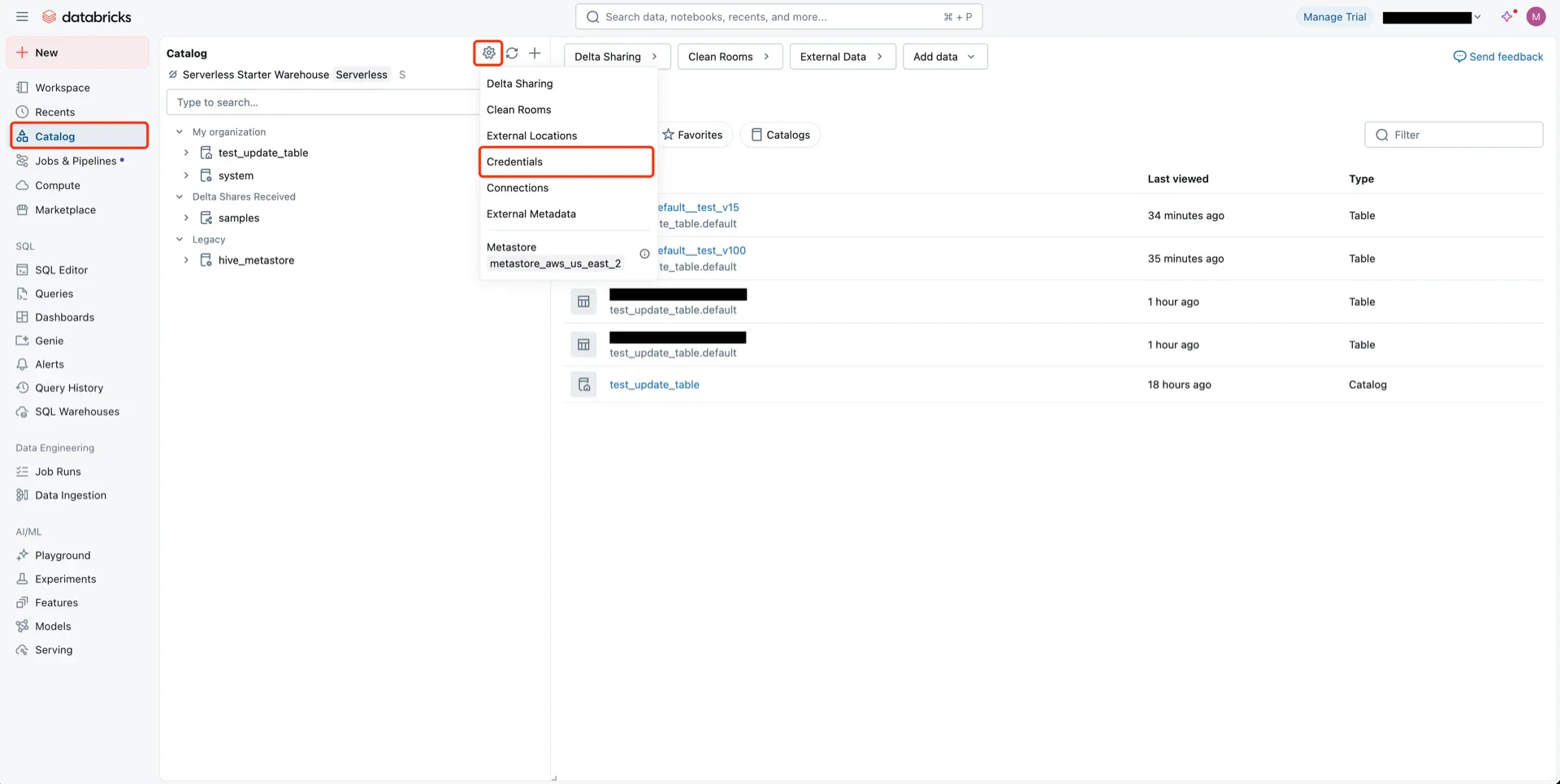 Credentials menu