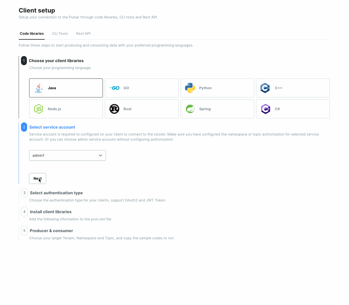 Client Setup page in the Cloud Console