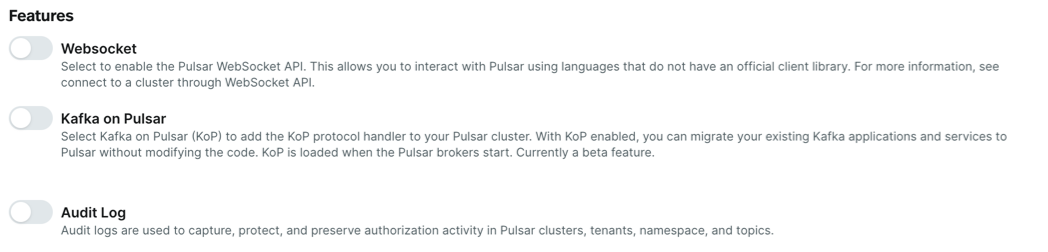 screenshot of the cluster features section