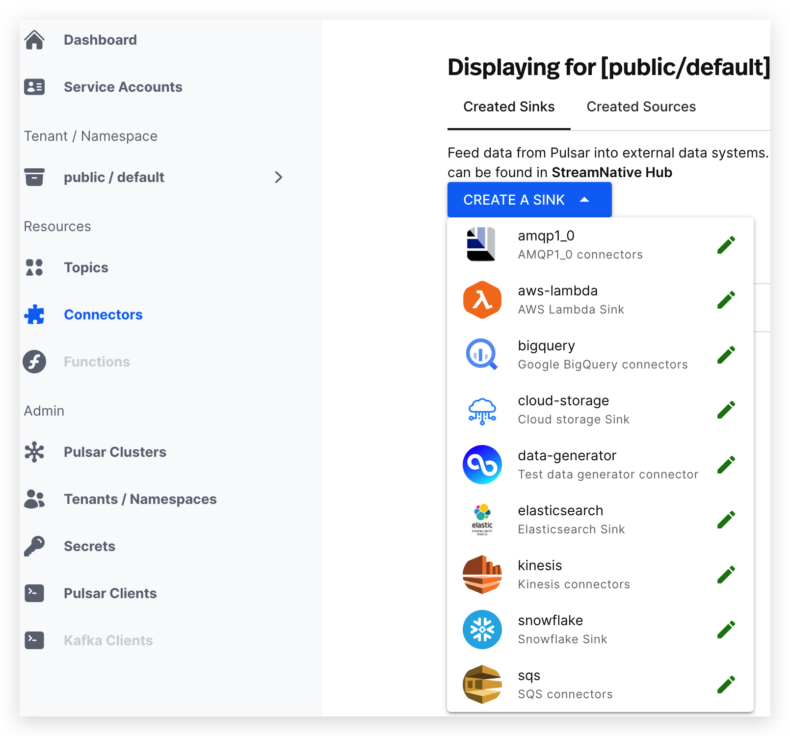 screenshot of creating a sink connector