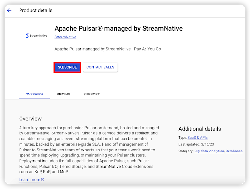 a screenshot of subscribing to Streamnative Cloud on GCP