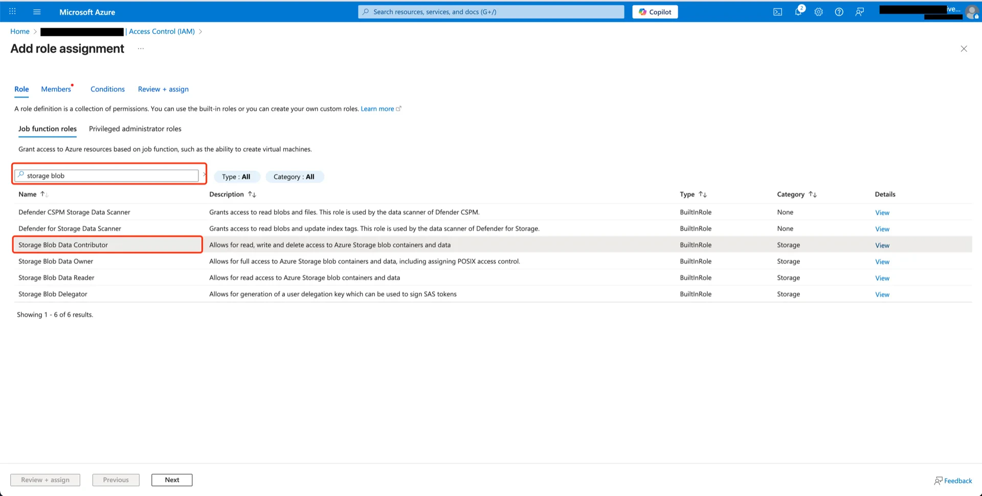 Select Blob Data Contributor