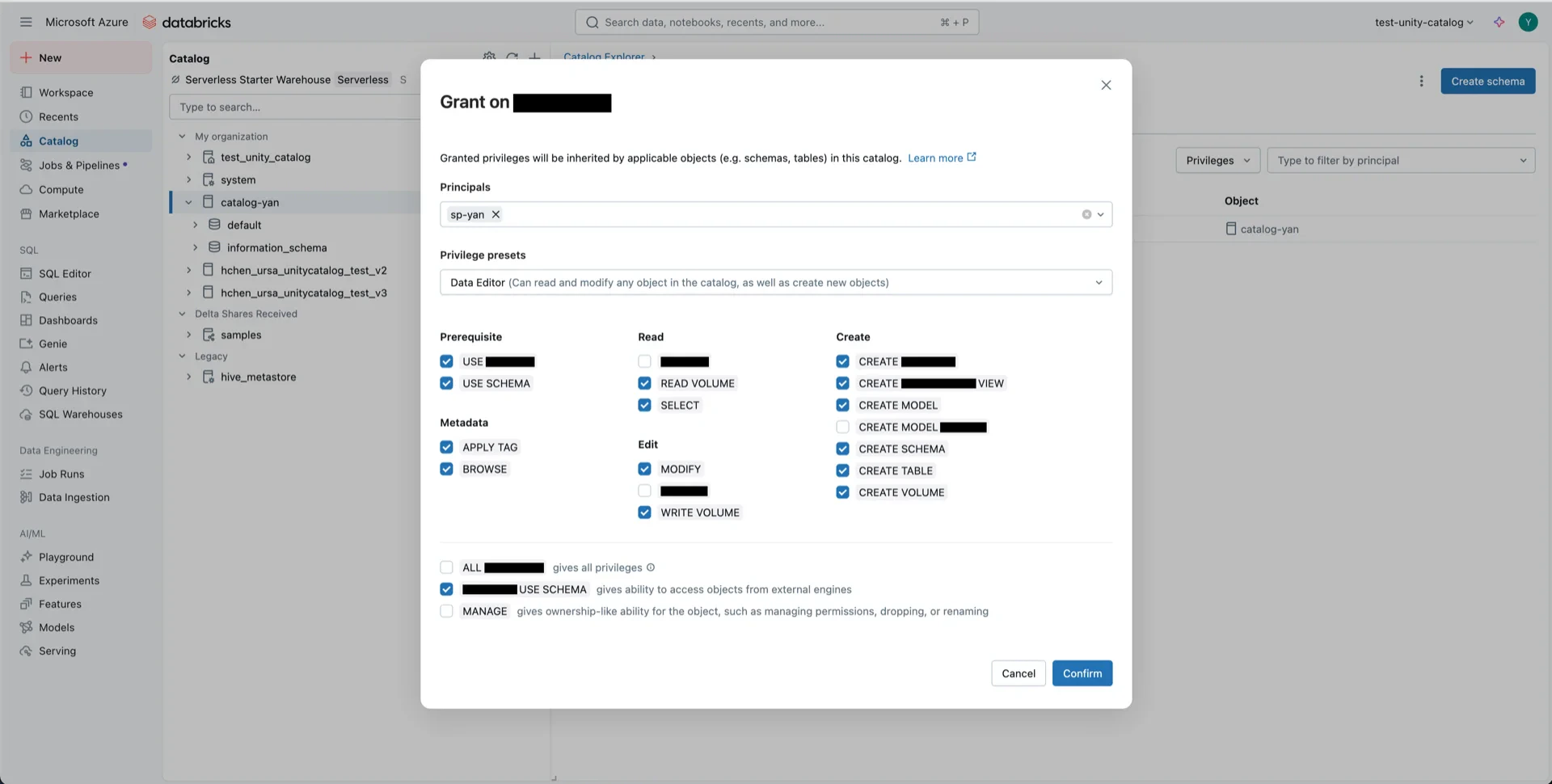 Grant catalog permissions