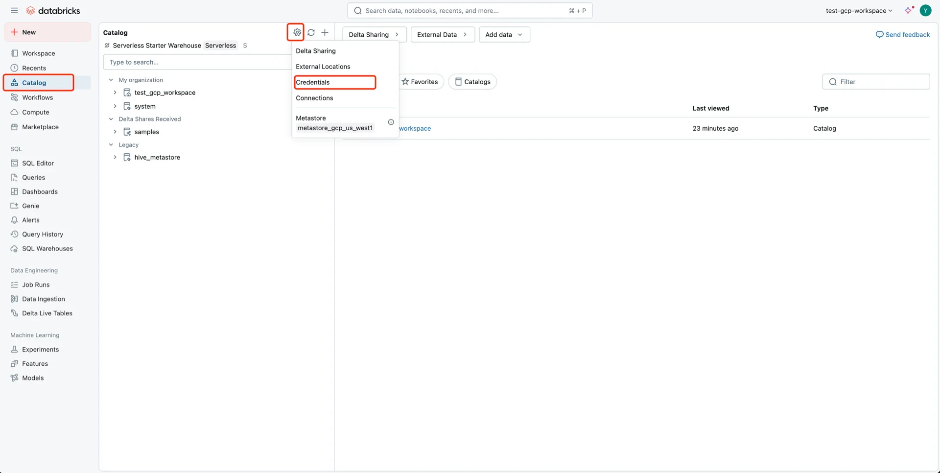 Credentials menu
