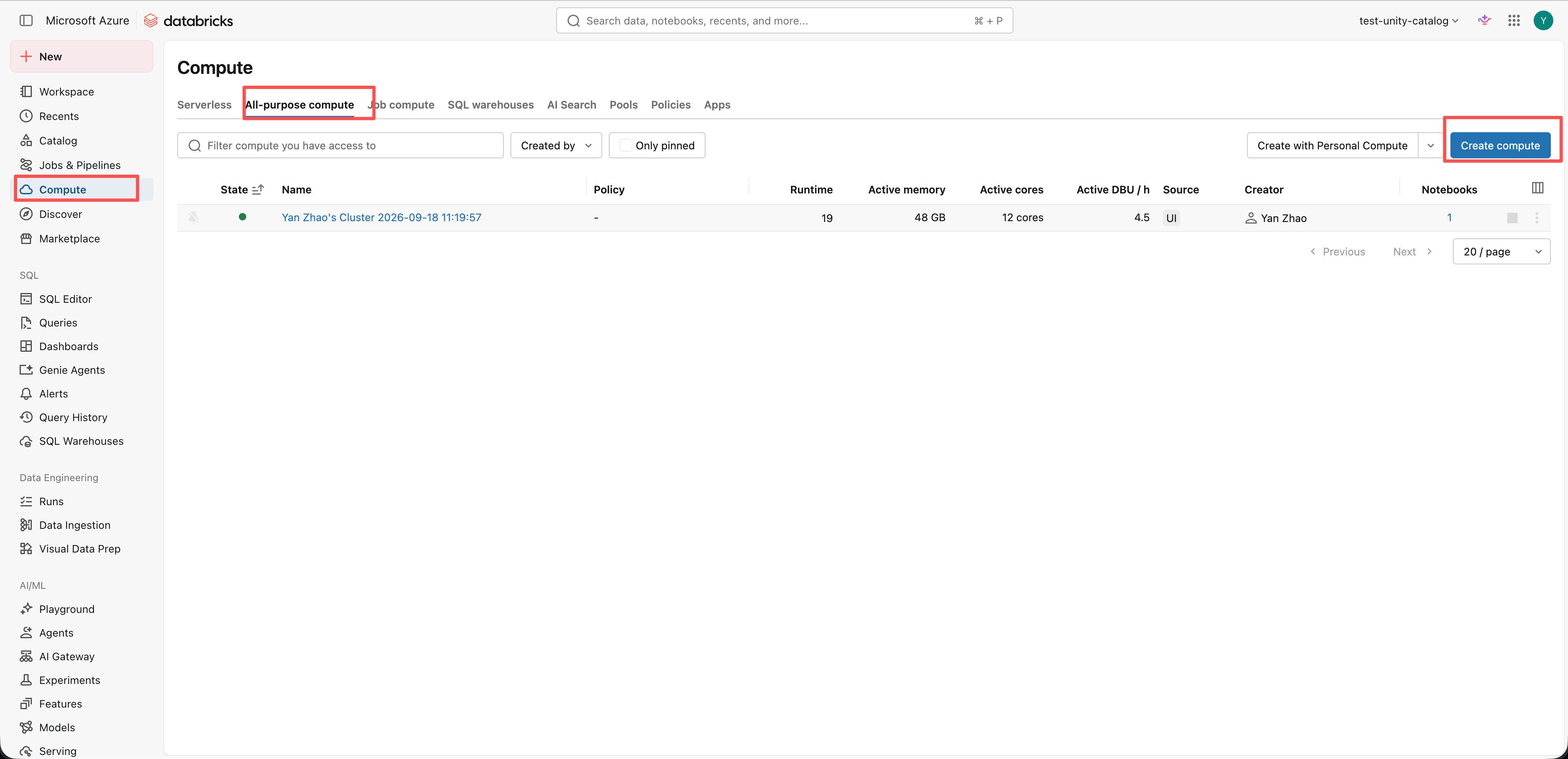 Databricks Compute page with All-purpose compute and Create compute highlighted