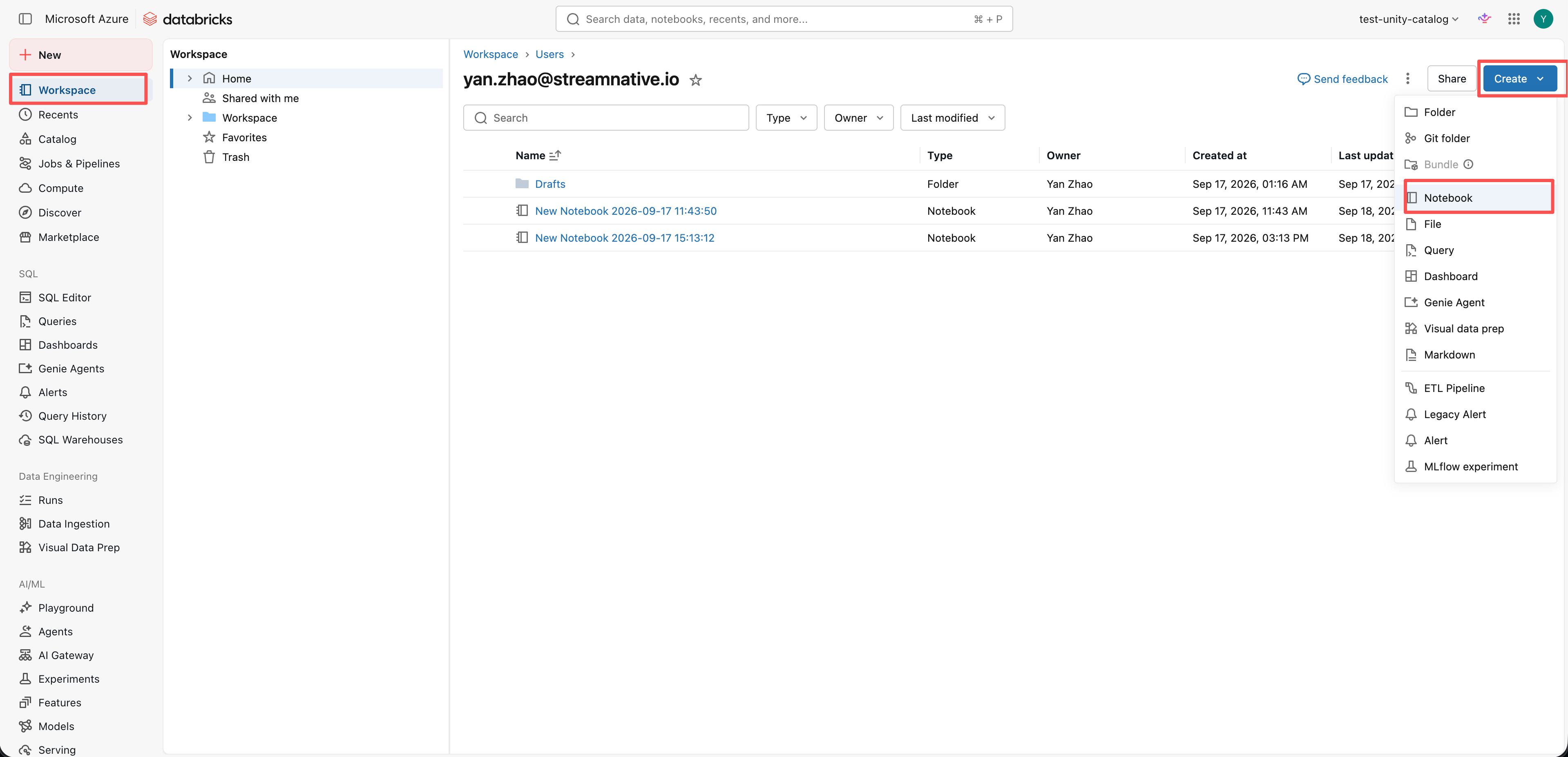 Databricks Workspace with Create and Notebook highlighted