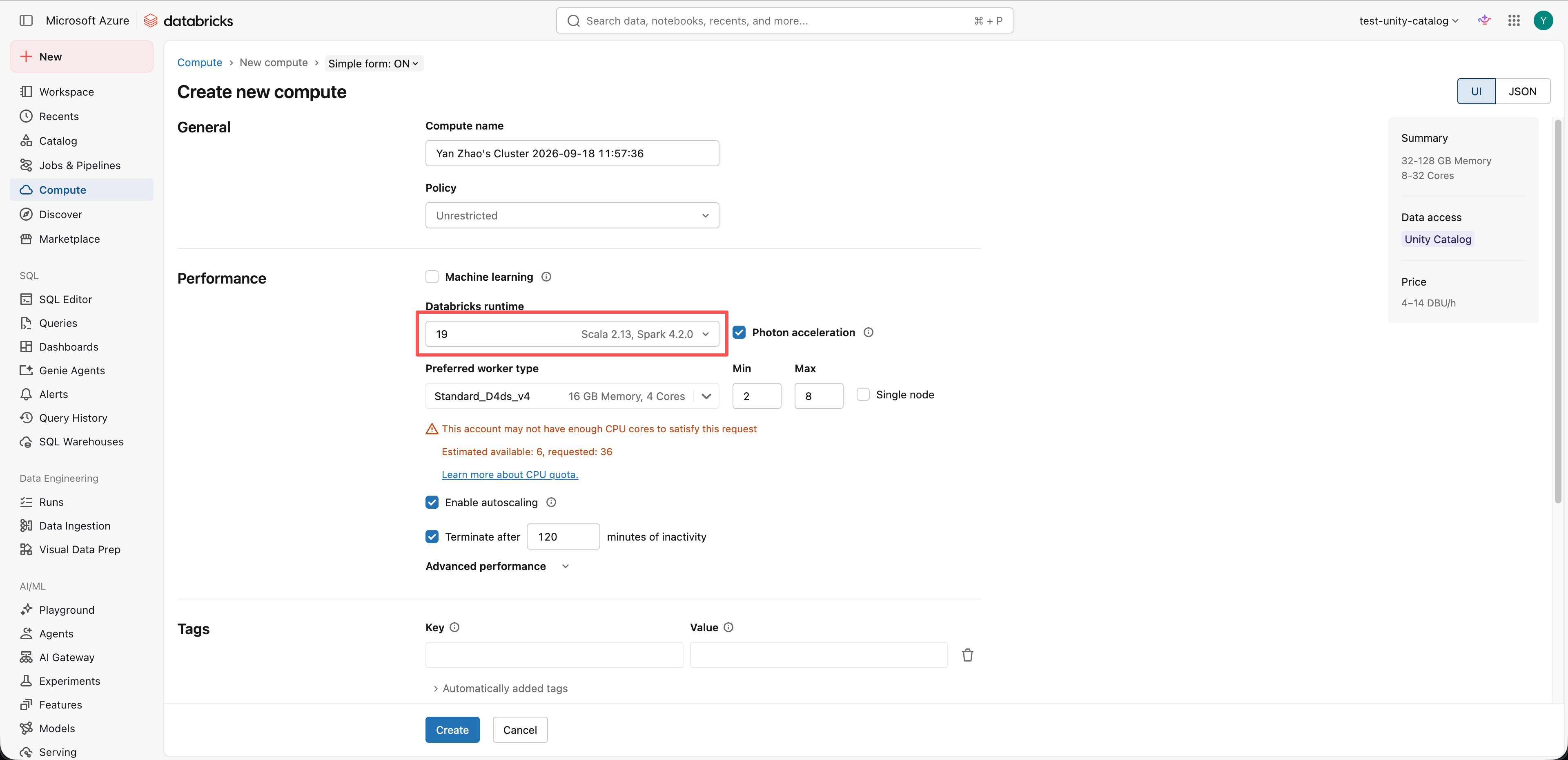 Create new compute form with Databricks Runtime 19 highlighted