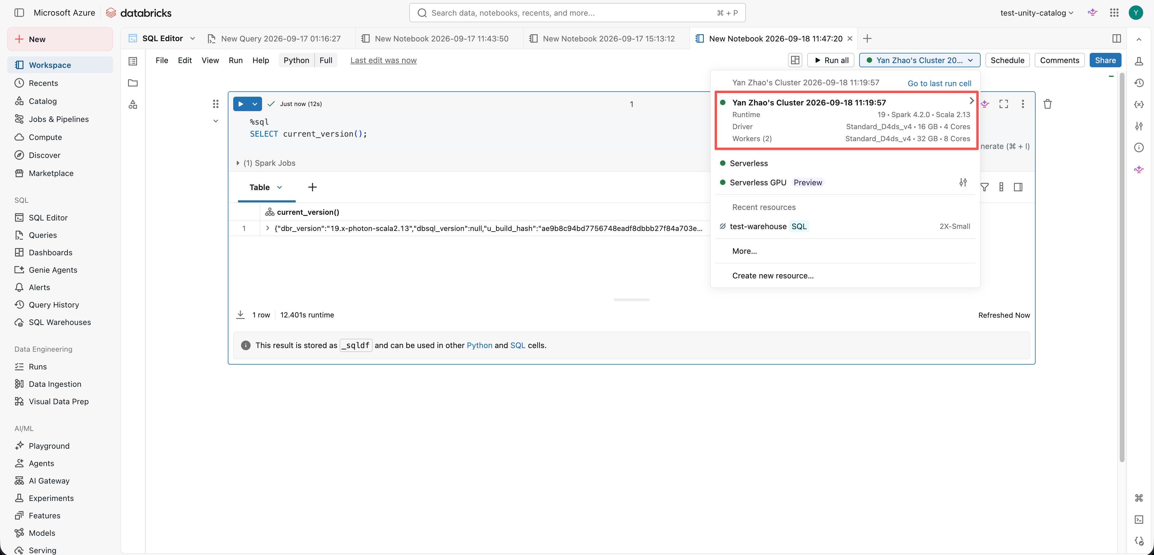 Notebook compute selector showing Runtime 19 and the current_version query result